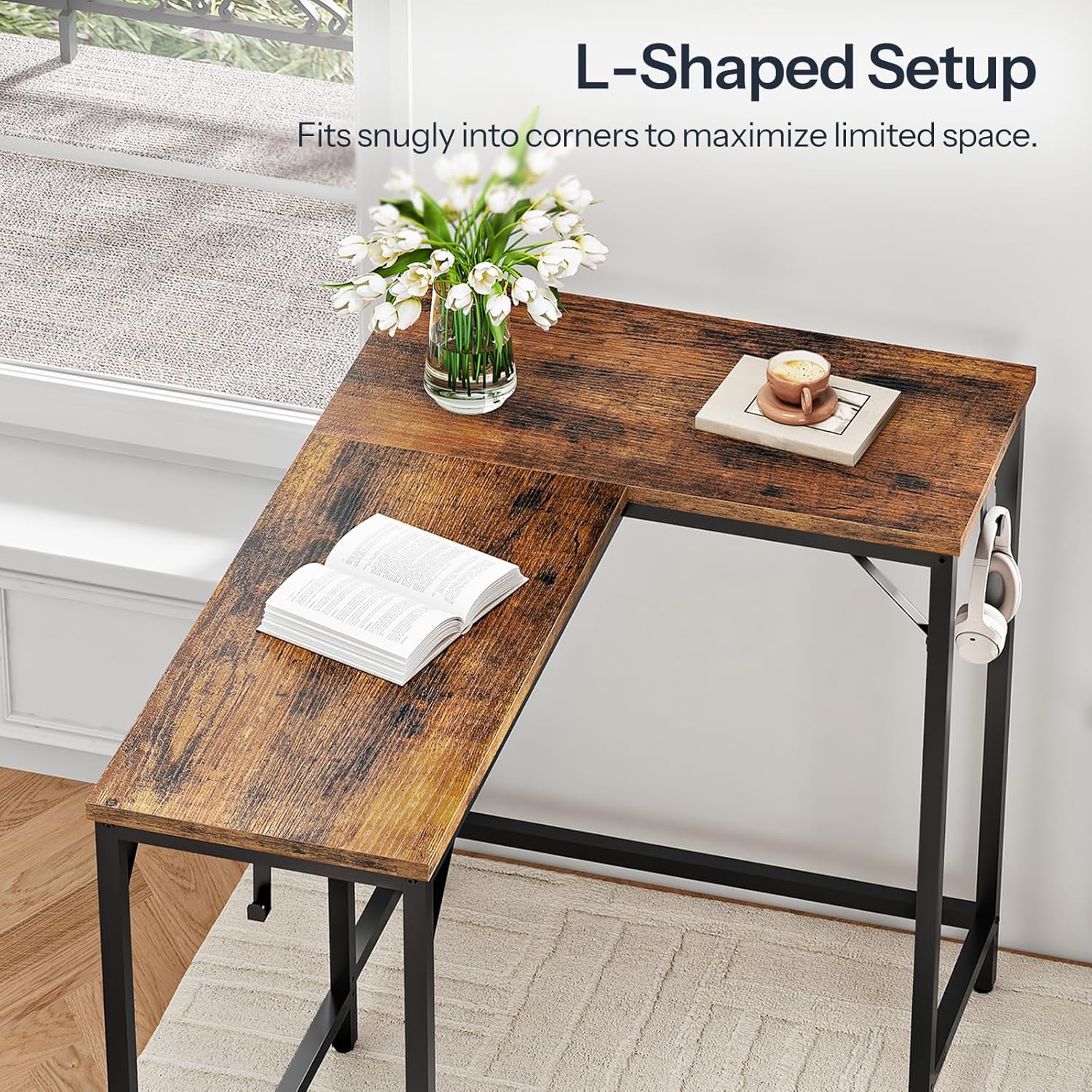 Close-up of the HOOBRO BF69BT01 Bar Table configured in an L-shape, fitting snugly into a corner.
