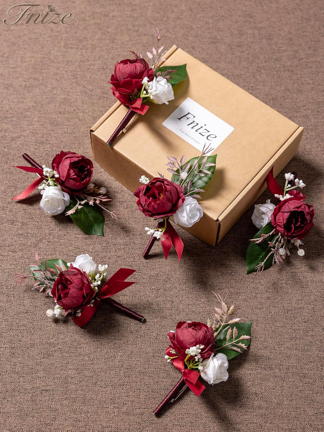 Fnize Boutonniere for Men Set of 6, Groomsmen Guest Boutonniere with Artificial Silk Flowers of Peony Rose, etc. for Wedding Graduation Prom Homecoming (Burgundy)