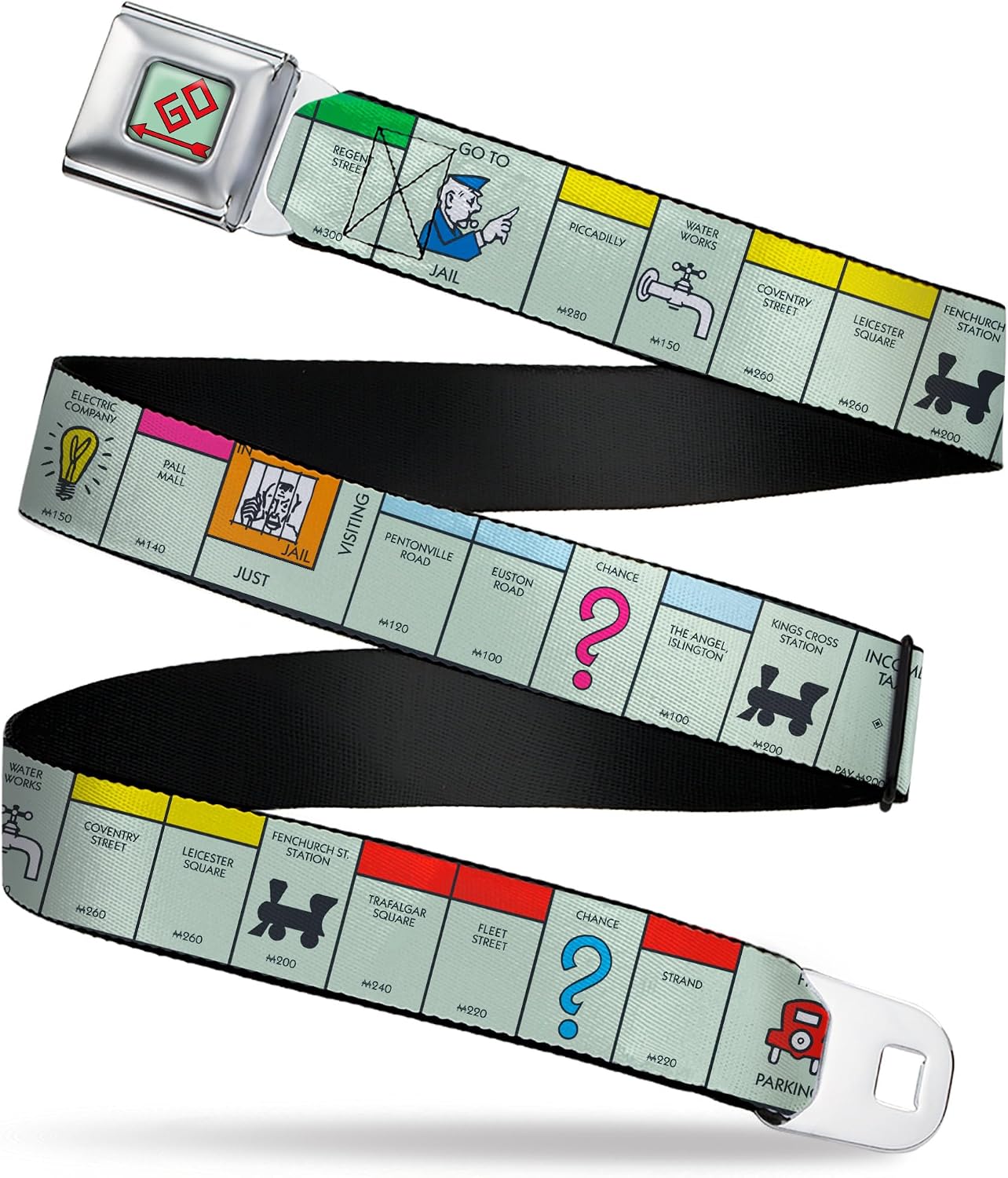 Hasbro Belt, Seatbelt Buckle Belt, Monopoly British UK Game Board Space Blocks, Adjustable