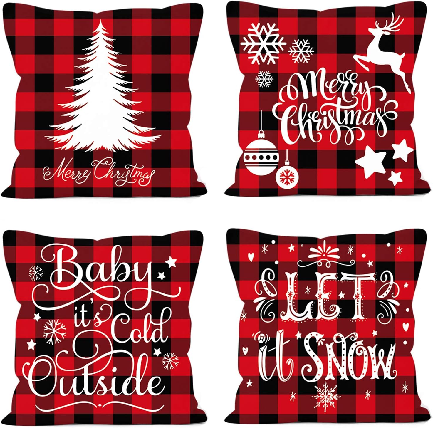 UCLEVER Christmas Throw Pillow Case 18x18 Inch 4pcs Decorative Red Black Buffalo Plaids Snowflake Cotton Velvet Cushion Cover for Sofa, Couch, Bed and Car