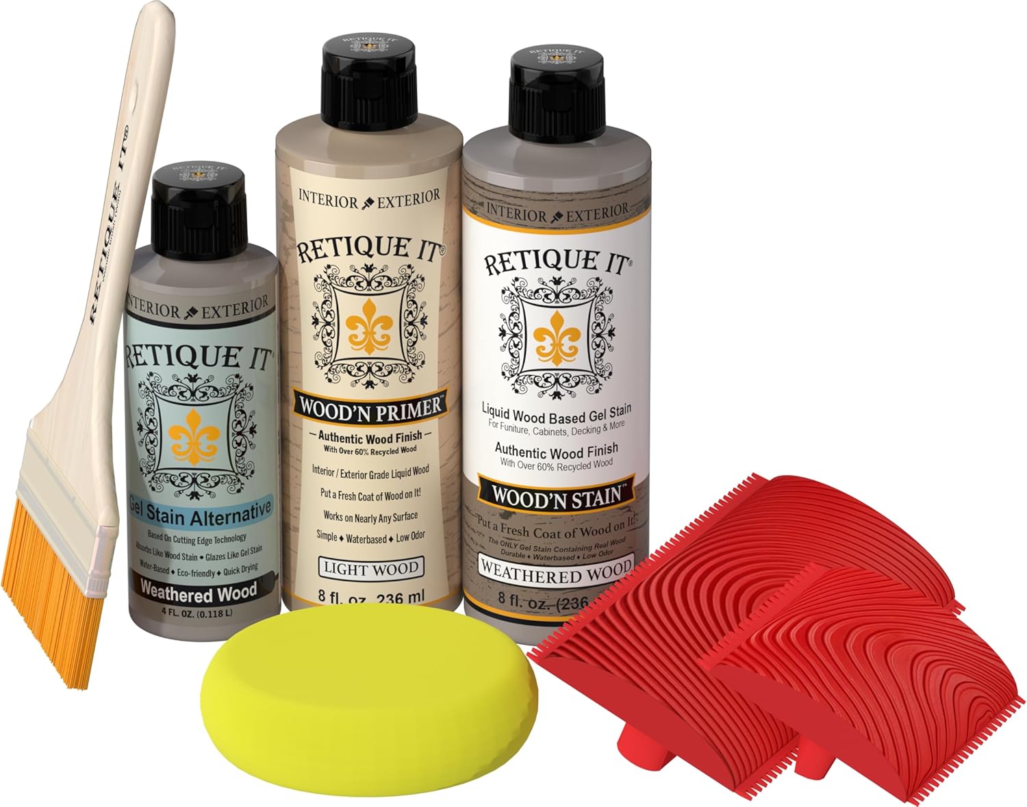 Retique It Multipurpose Kit with Liquid Wood Based Primer and Stain Includes Graining Tools, Brush and Gel Stain Alternative - Go Beyond Faux (2X 8oz / Weathered Wd)