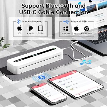 A4 Portable Thermal Printer, Bluetooth Dot Matrix Printers for Phone and Laptop, Compact Printer Supports A4 Thermal, Great for Office, Home, Photo - White