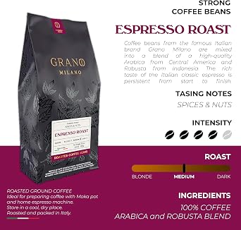 Grano Milano Coffee Beans 1kg Espresso Roast 80% Robusta, Medium Roast Intensity 4/5 Strong Coffee, Made in Italy, (Packaging May Vary)