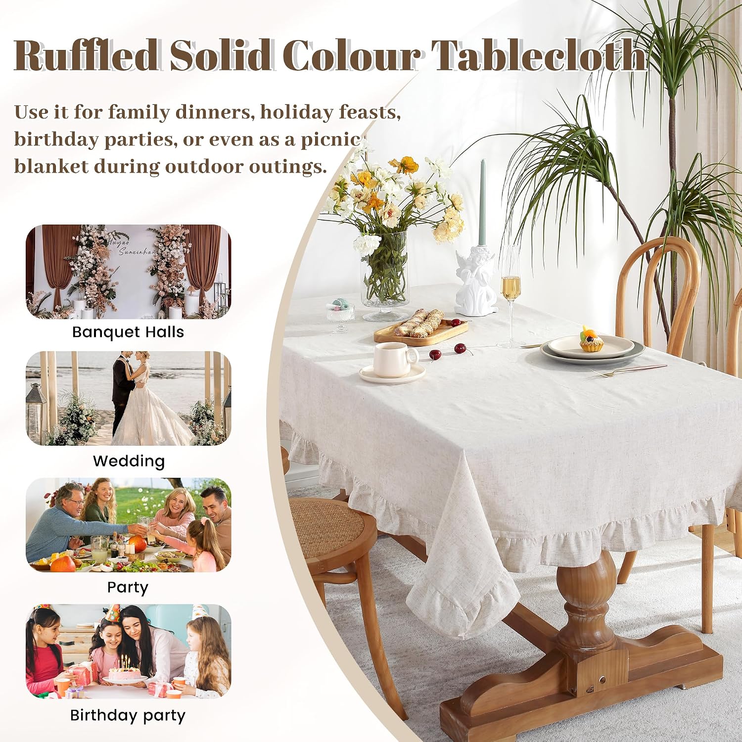 Rustic Pure Cotton Square Tablecloth with Ruffled Edge Solid Color French Romantic Table Cloths for Dining Table Decor (55x55 Inch, Linen Beige)