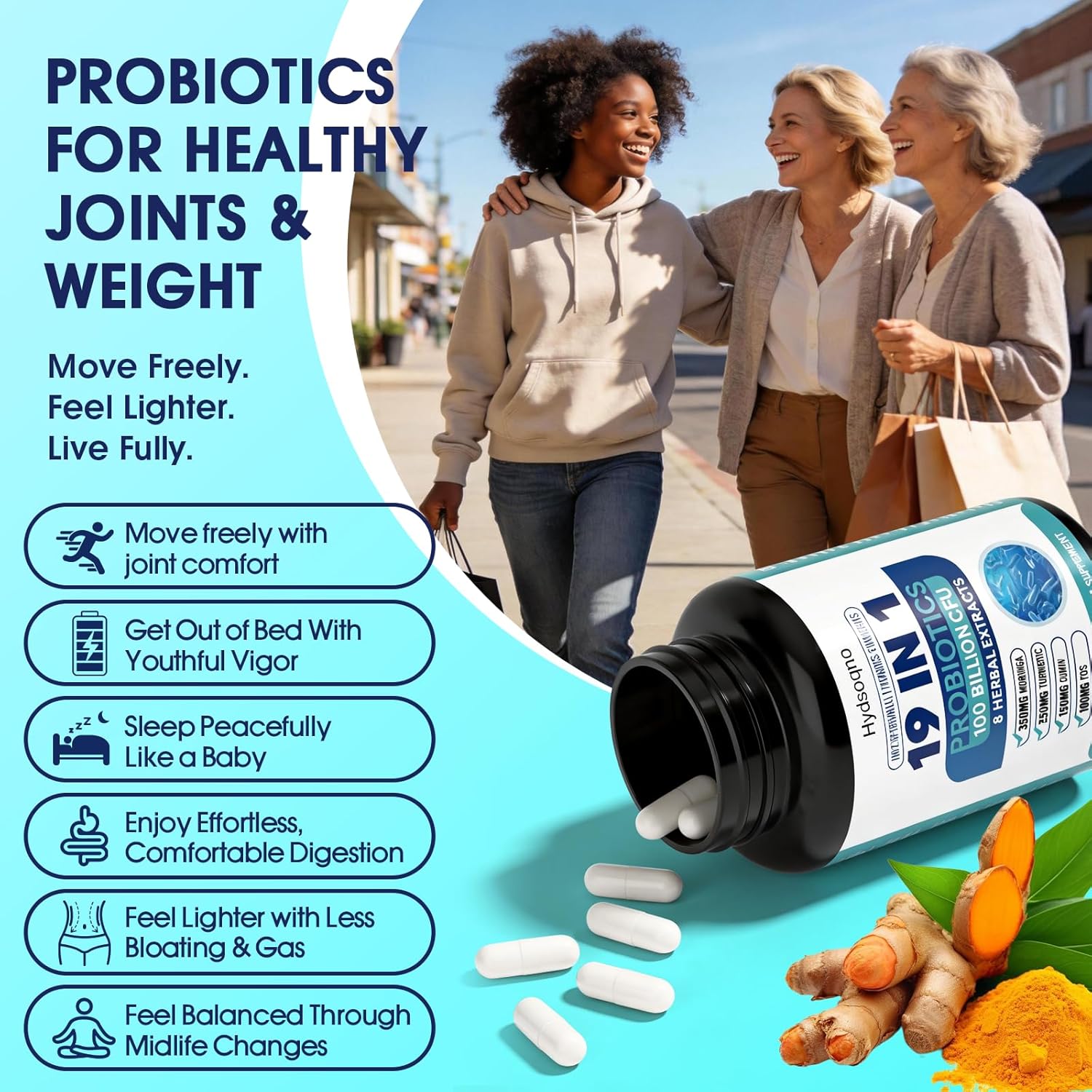Probiotics for Women – Menopause, Digestive & Gut Health Support with 100 Billion CFU, FOS Turmeric, Moringa, Curry, Boswellia Serrata, Vitamins & Minerals, Daily Probiotic Supplement, 90 Capsules