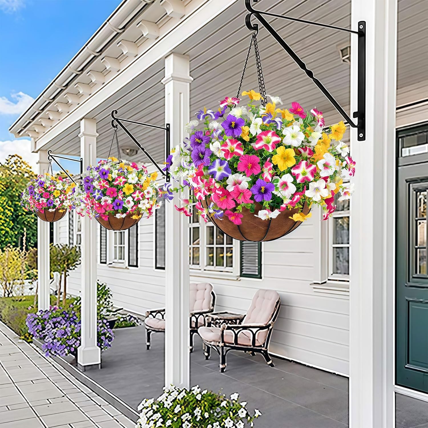 ICX 18PCS Artificial Flowers for Outdoors, Artificial Petunias with Eucalyptus, UV Resistant, Fake Flowers for Outside for Pot, Front Door, Porch, Yard, Patio, Window Box, Hanging Basket (18pc Mix