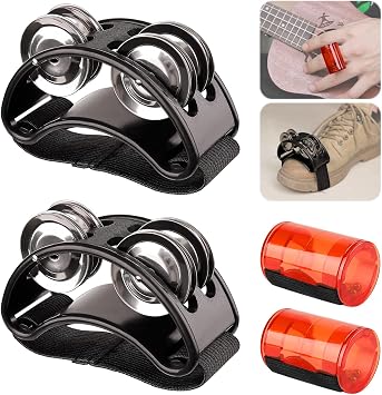 2 pcs Rhythm Finger Shaker & 2 pcs Foot Tambourine with Elastic Strap, Percussion Musical Instrument Set for Ukulele Guitar Drum Mandolin Banjo Playing