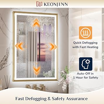 Keonjinn 48 x 36 LED Bathroom Mirror with Frontlit & Backlit, Gold Metal Framed Lighted Mirror with Stepless Dimmable 3-Color Temperatures, Anti Fog, UL-Listed Driver, No Dark Corner