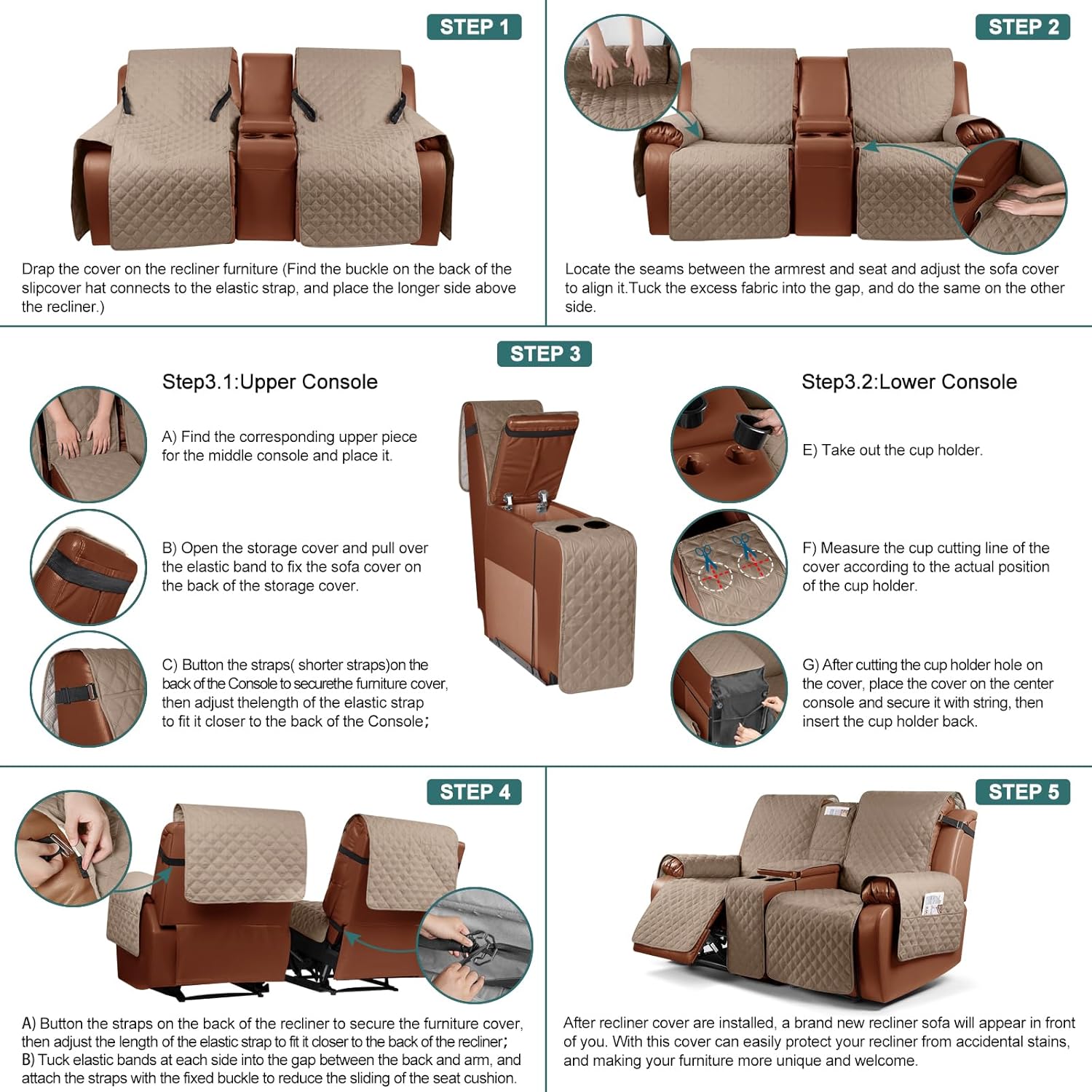 Ruaozz Waterproof Loveseat Recliner Cover with Console Non-Slip Reclining Couch Covers Split Sofa Slipcovers with Elastic Straps Furniture Protector for Kids, Dogs, Pets (Light Brown, 2 Seater)