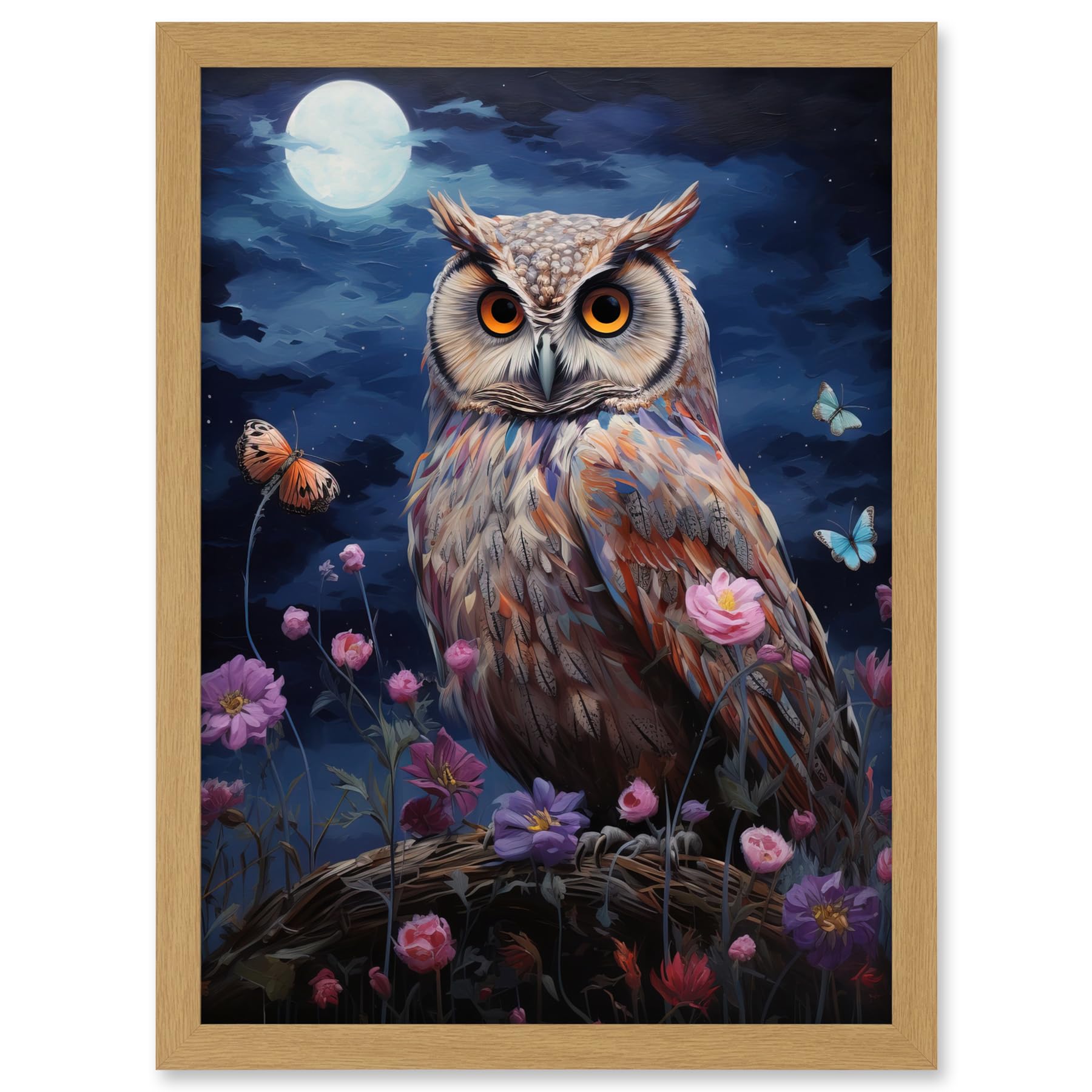 Artery8 Majestic Owl Portrait Oil Painting Great Horned Purple Pink Blue Full Moon in Spring Meadow with Wildflowers Artwork Framed A3 Wall Art Print