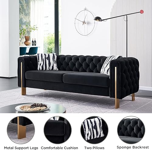 Miniatura 5 de Sofá moderno para sala de estar, sofá tapizado de terciopelo de 84 pulgadas con botones y 2 almohadas y patas de metal, muebles decorativos para