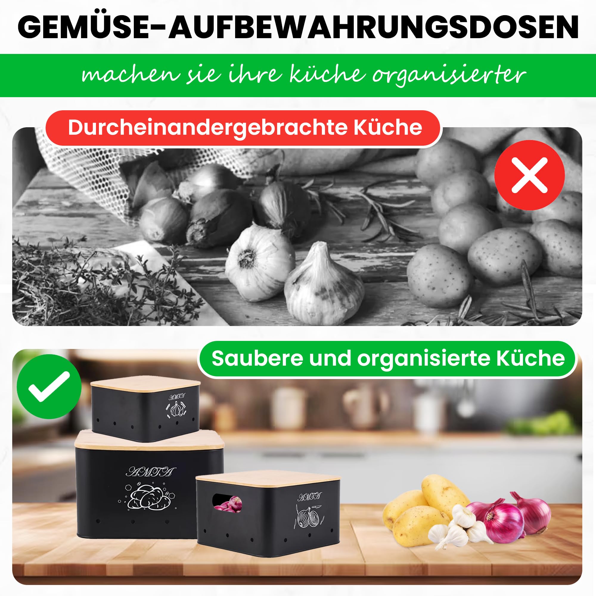 Kartoffel Aufbewahrungsbox [3er Set] - Hält Gemüse Länger Frisch - Idealer Weg für Zwiebel, Kartoffel und Knoblauch Aufbewahrung Schäler & Schneider – Küchen Organizer im Vintage Stil (Schwarz)