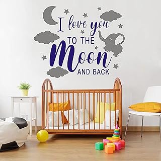 Elephant Wall Stickers I Love You to the Moon and Back with Elephant Baby Wall Decals Nursery Wall Decals Moon Stars and Clouds Wall Art Decals for Babies Kids Bedroom Vinyl Wall Art Decor for Home Decoration DDKCA18A (Blue, Grey )