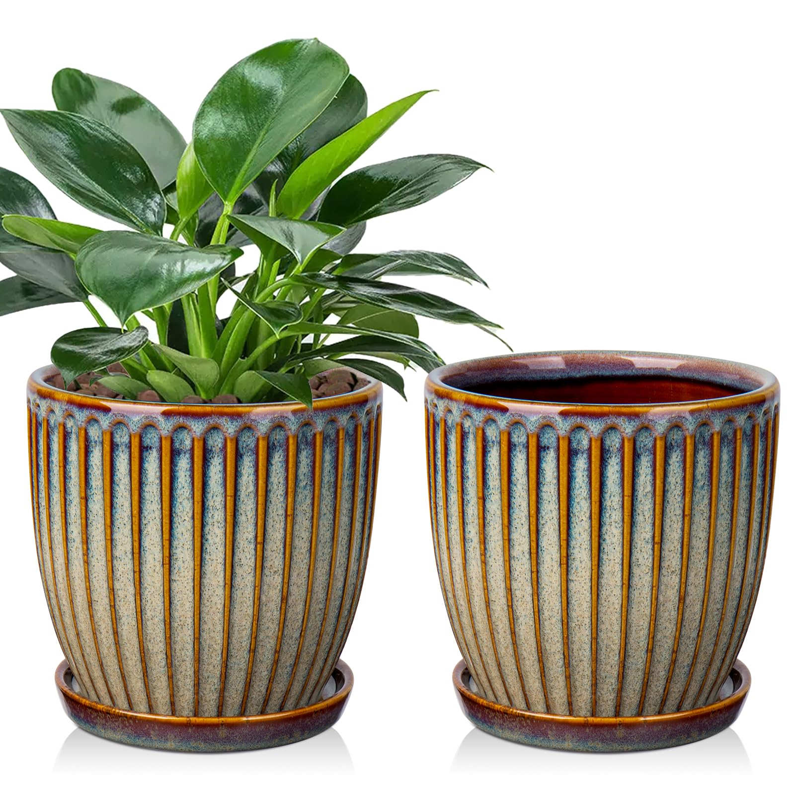 Oairse Ceramic Pots for Indoor Plants, 5.7 inch Pots for Plants Set of 2 Brown Planters with Drainage Holes and Saucers Texture Ceramic Planters Indoor Outdoor for Succulent