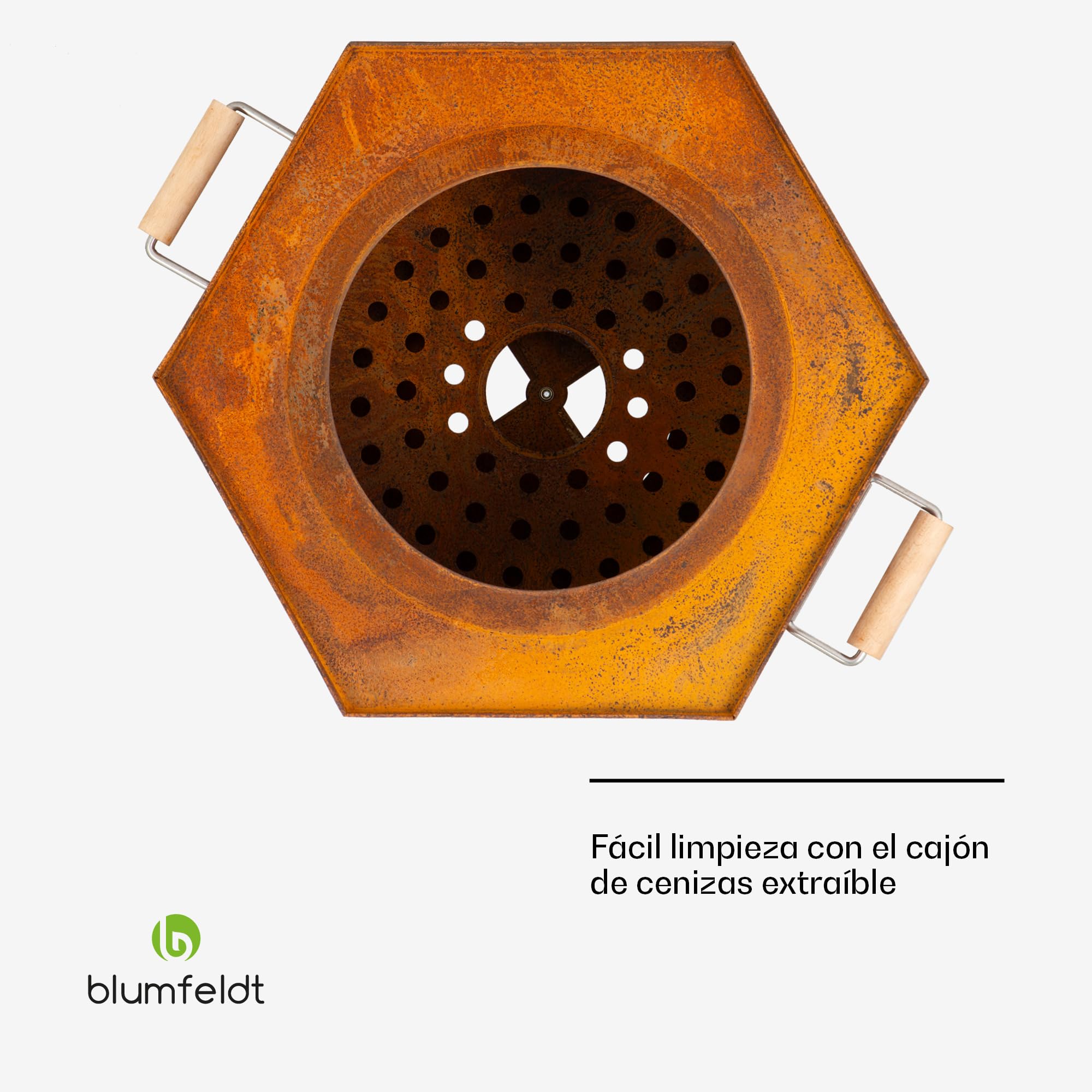 Blumfeldt Cuenco de Fuego, Hoguera móvil con Cubierta para la Lluvia, Asas de Madera, Mesa de Fuego para Exteriores, Chimenea de leña de Mesa con Vista 360°, Hoguera para el Patio y la terraza