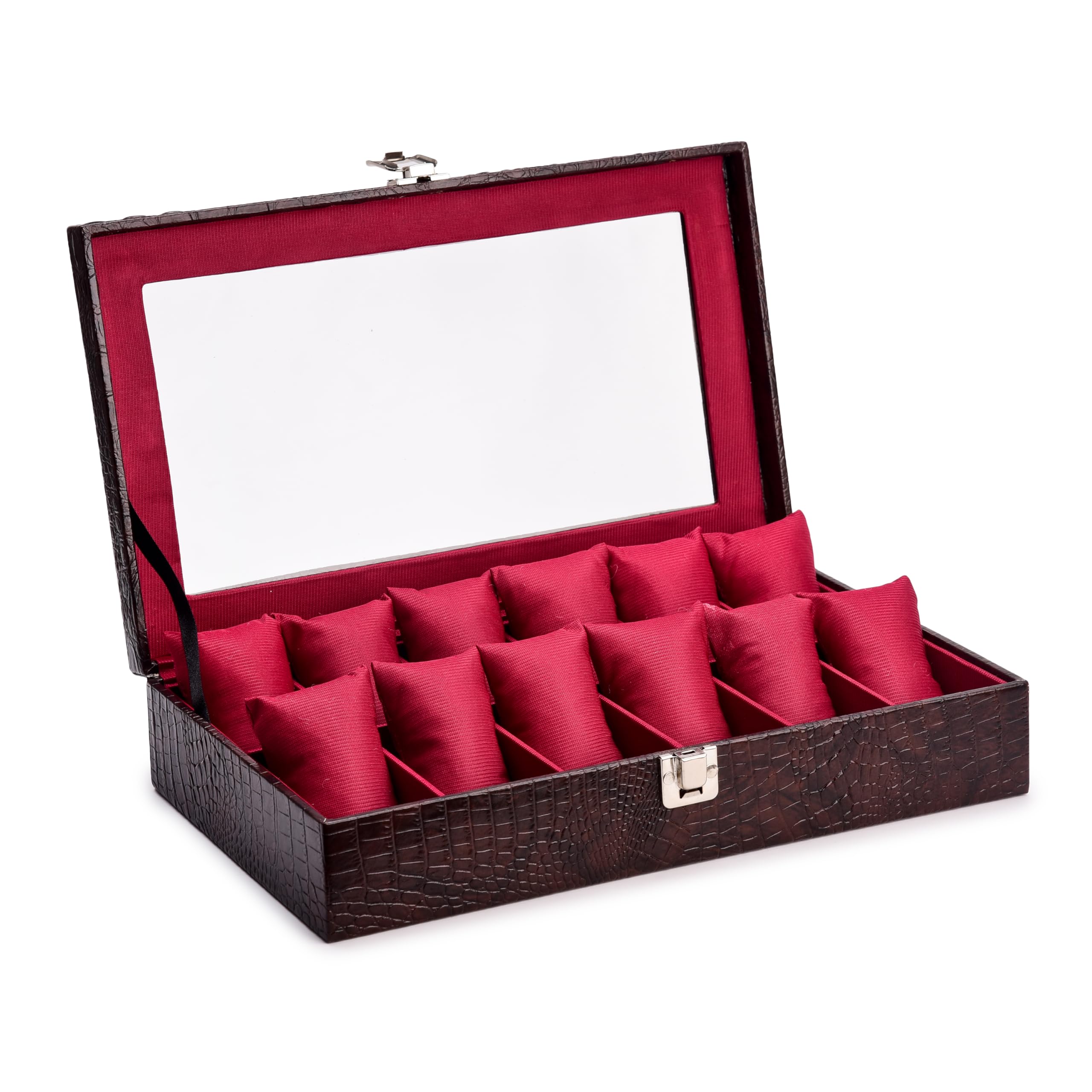 ZENWOOD Caja organizadora de relojes de piel sintética con 12 ranuras para hombre y mujer (marrón::granate)
