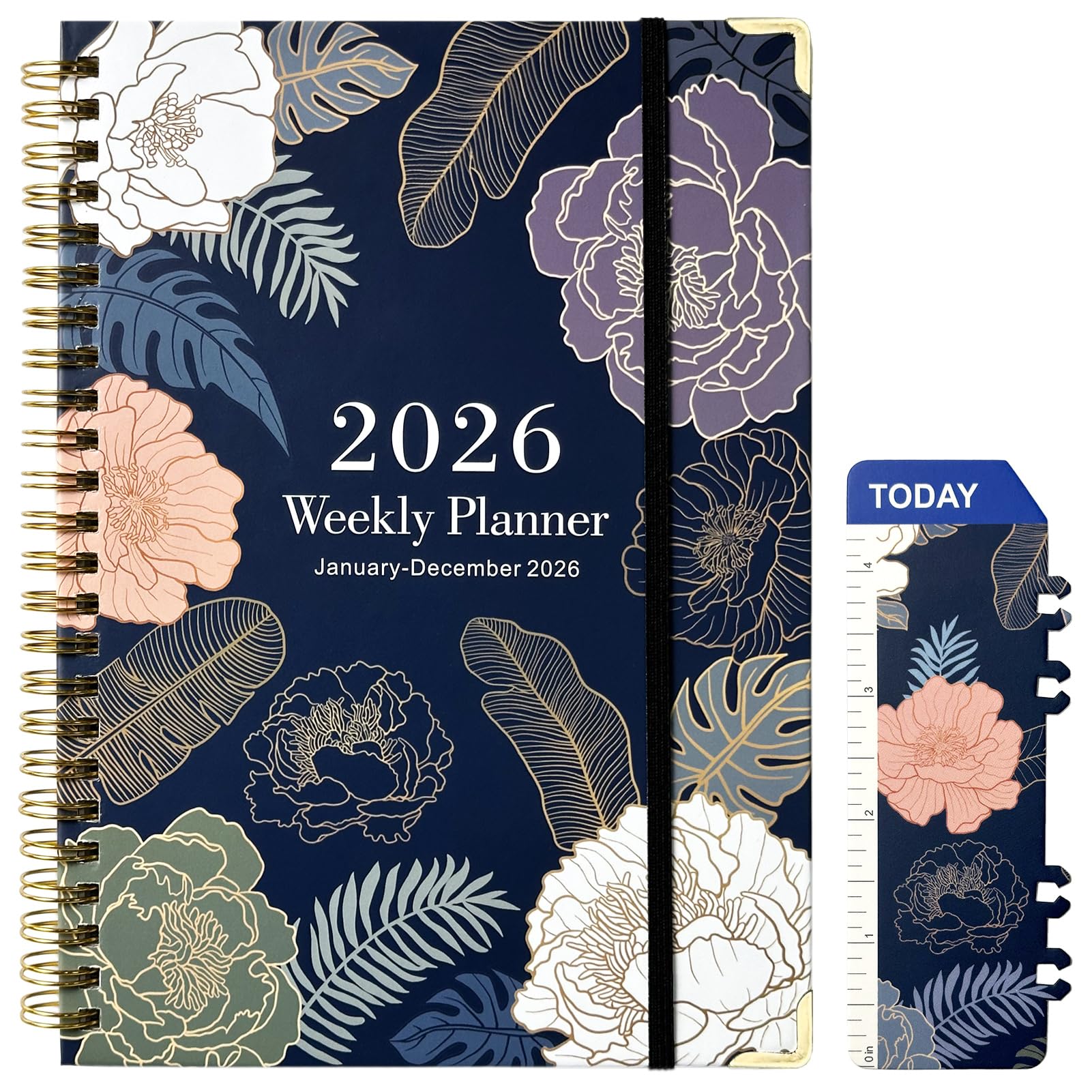 2026 Weekly Planner A5 Diary, Floral Hardcover Spiral Bound, Week to View with Monthly Tabs, Inner Pocket, Elastic Closure, Bookmark, Reinforced Metal Corners, January to December 2026, Indigo