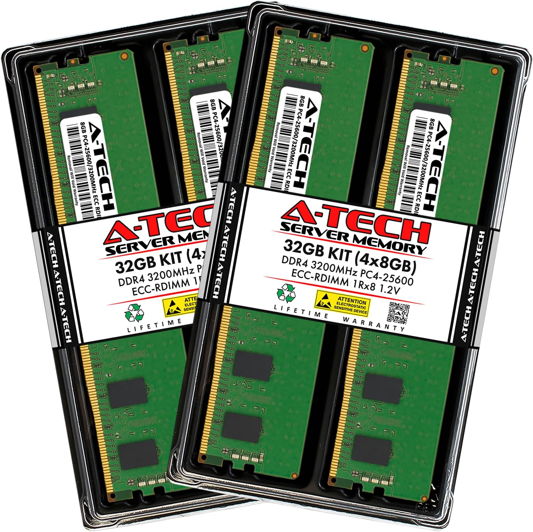 A-Tech 32GB Kit (4x8GB) DDR4 3200MHz PC4-25600 ECC RDIMM 1Rx8 1.2V Single Rank ECC Registered DIMM 288-Pin Server & Workstation RAM Memory Upgrade Modules (A-Tech Enterprise Series)