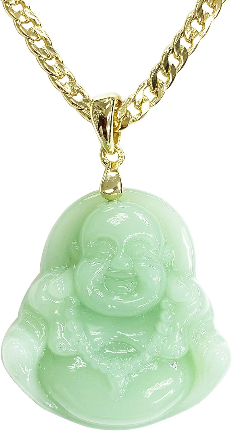 Smiling Laughing Buddha Lime Green Jade Pendant Necklace Cuban Cubana Gold Chain Genuine Certified Grade A Jadeite Jade Hand Crafted, Jade Neckalce, 14k Gold Filled Buddha necklace, Jade Medallion