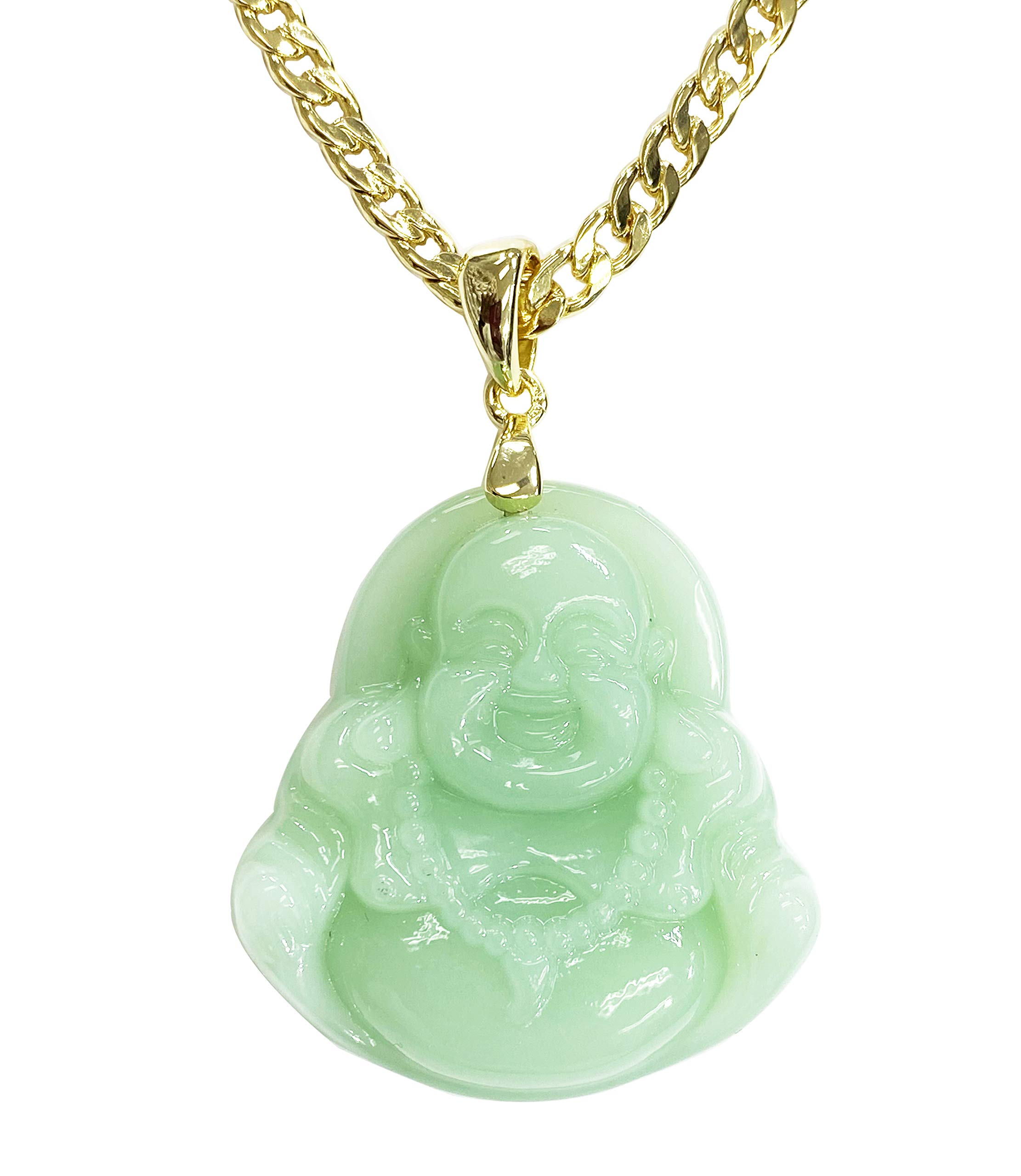 Smiling Laughing Buddha Lime Green Jade Pendant Necklace Cuban Cubana Gold Chain Genuine Certified Grade A Jadeite Jade Hand Crafted, Jade Neckalce,