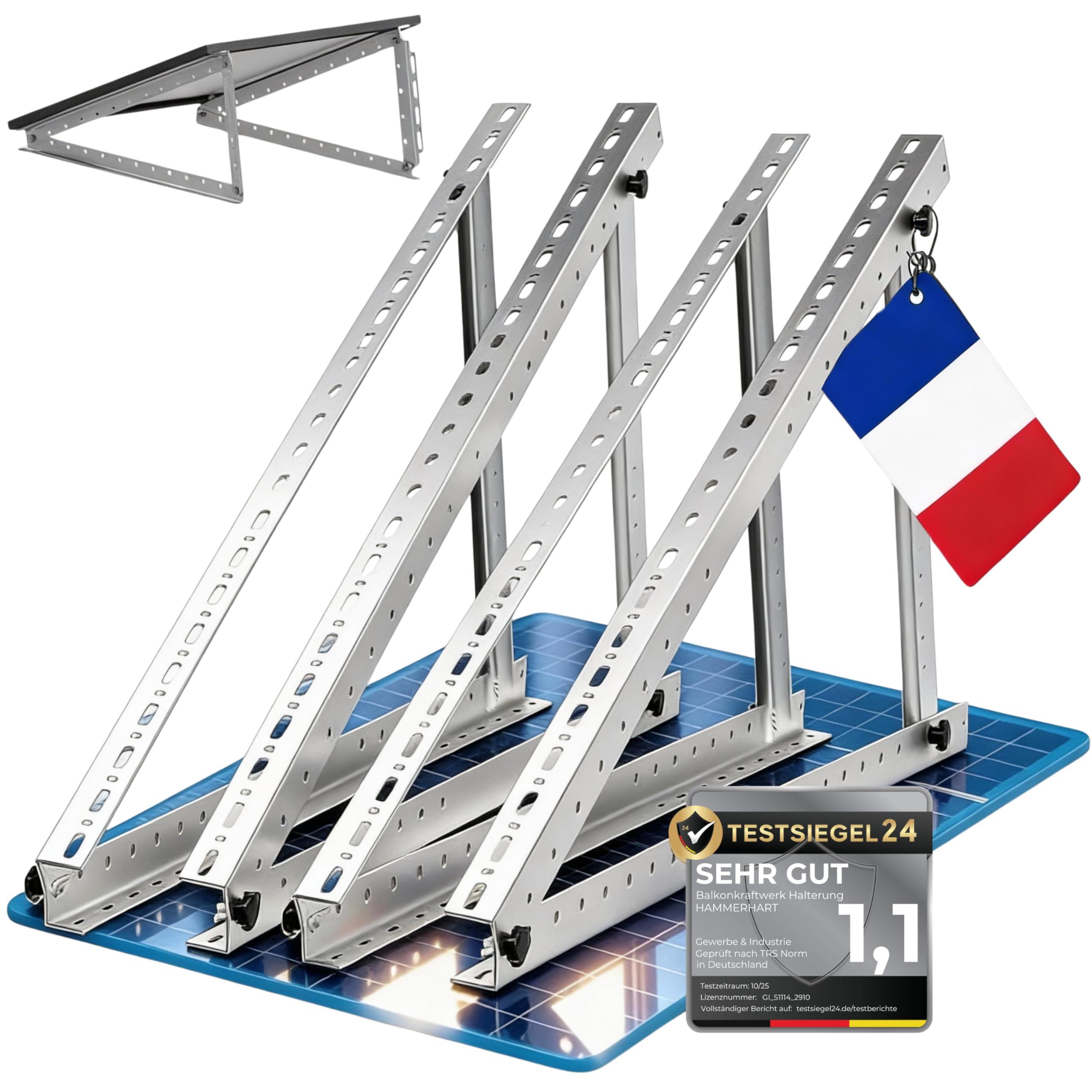 Lot de 4 supports de centrale de balcon - Support pour centrale électrique de balcon jusqu'à 114,5 cm - Réglable de 0 à 90 ° - Support de panneau solaire robuste certifié TÜV