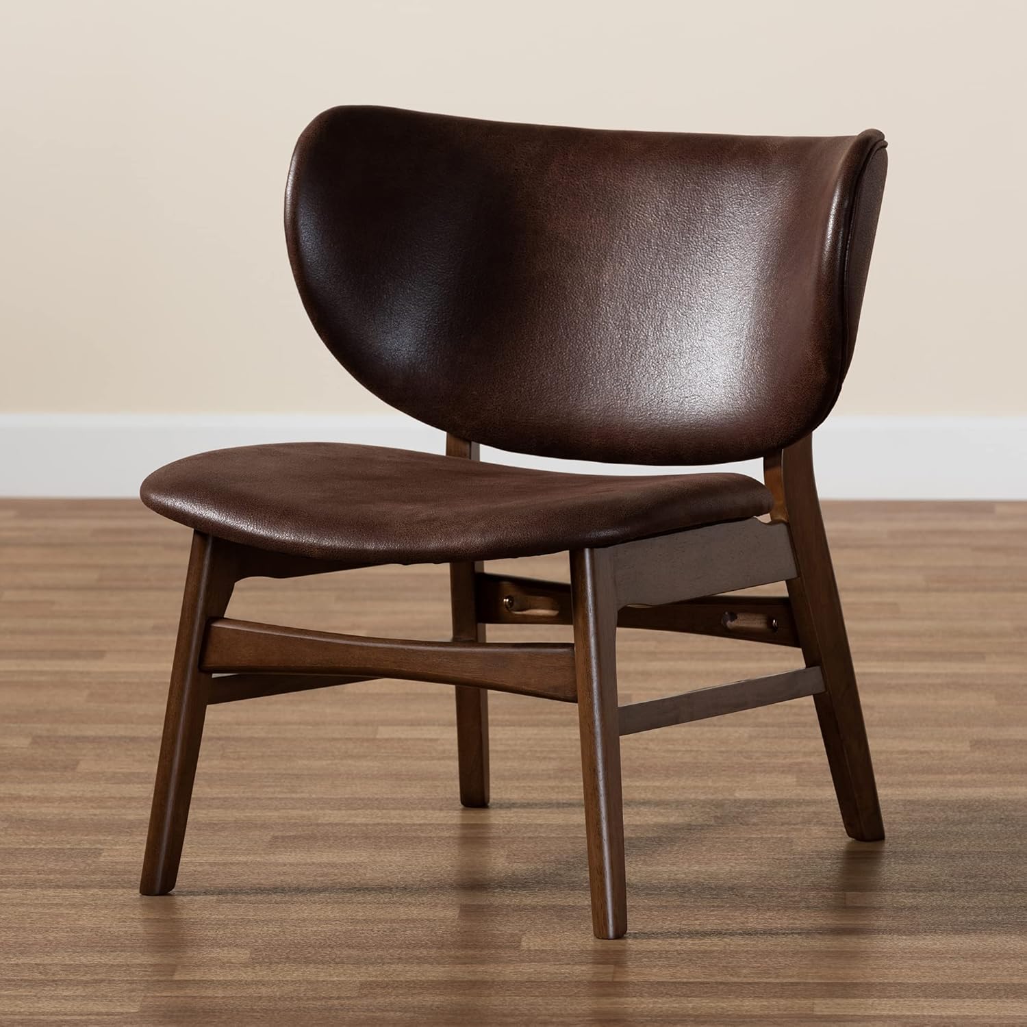 Baxton Studio Marcos Mid-Century Modern Dark Brown Faux Leather Effect and Walnut Brown Finished Wood Living Room Accent Chair