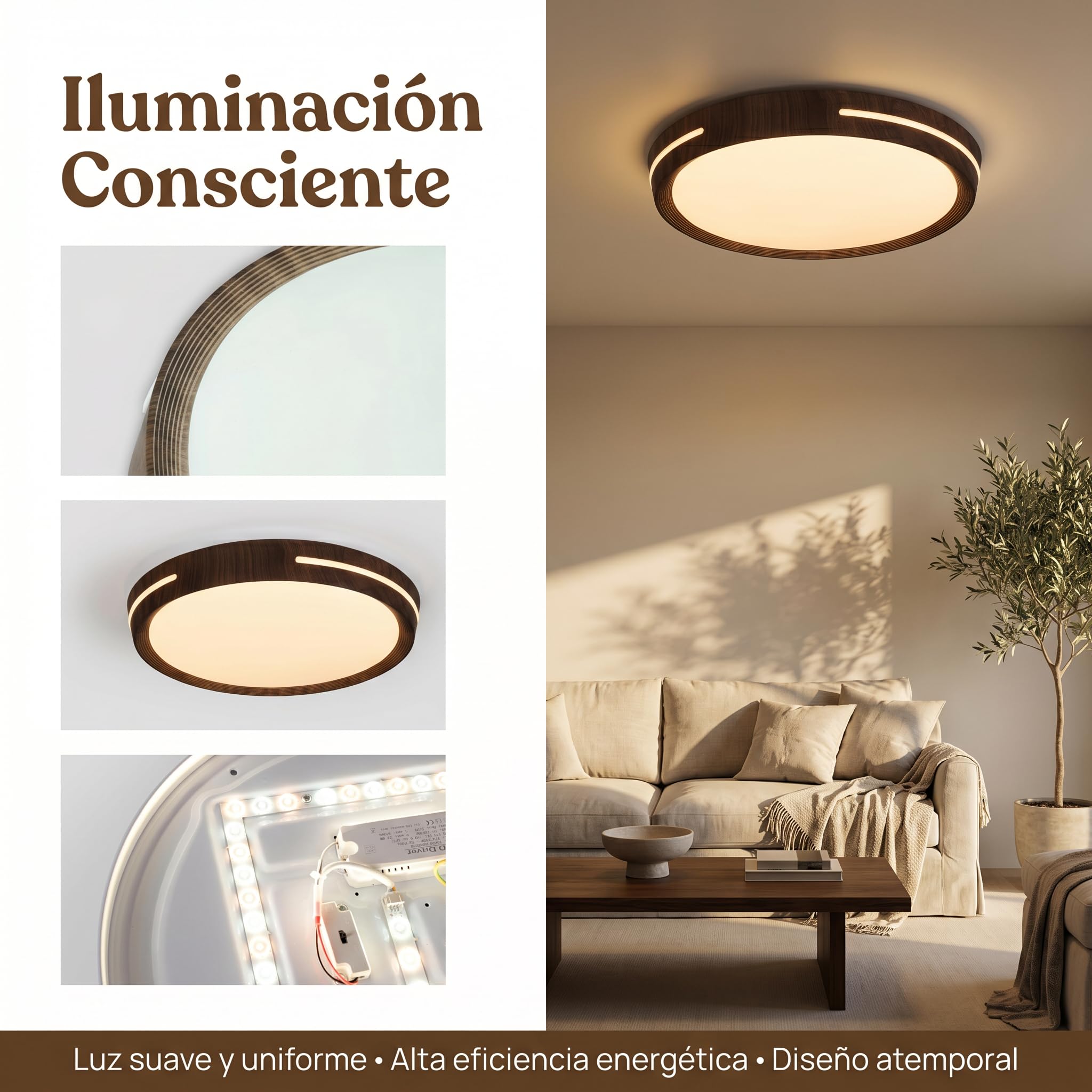BARCELONA LED Plafón LED Techo 24W Ø40cm CCT Regulable 3000K-6000K, Diseño Madera Moderna con Efecto Luz Lateral, Lámpara Techo LED Redonda para Salón Dormitorio Cocina Oficina 2500lm