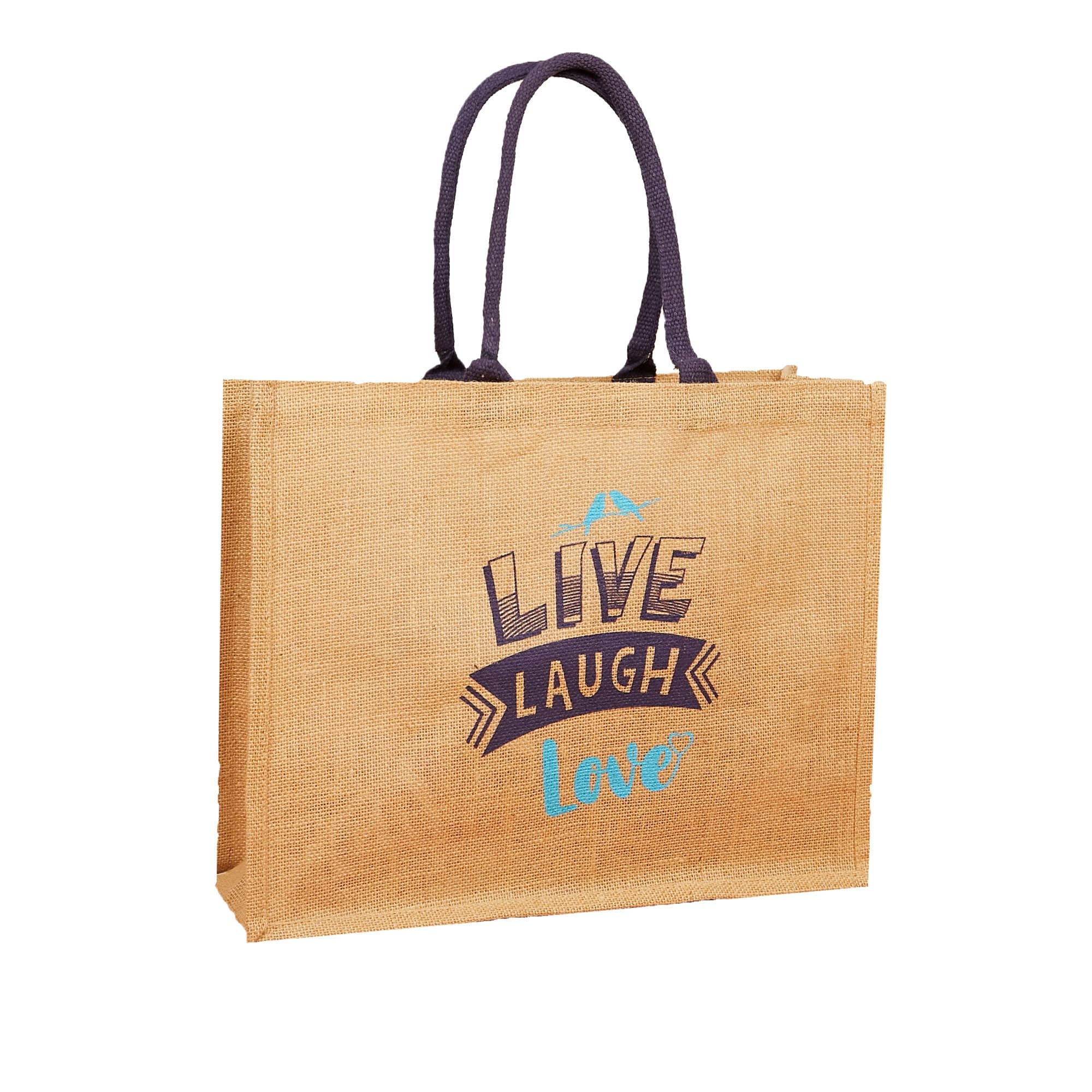 Vapinity Large Printed Jute Hessian Shopping Bag - Live Laugh Love | Waterproof Lined Reusable Tote with Cotton Handles | 40 x 33 x 14cm
