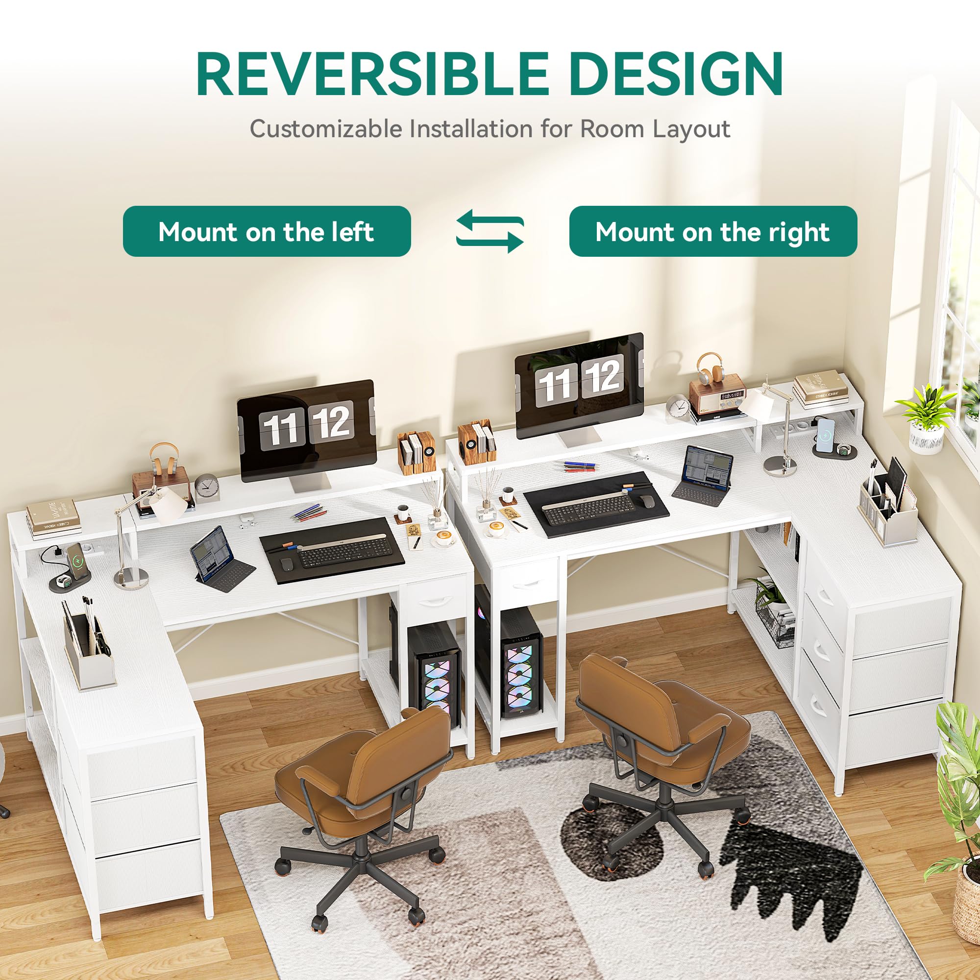 YITAHOME L Form Schreibtisch mit USB Ladeanschluss und Steckdose,Reversible Eckschreibtisch mit 4 Schubladen und Regal,Gaming Schreibtische mit Monitorständer,140x100 cm Computertisch für Büro,weiß