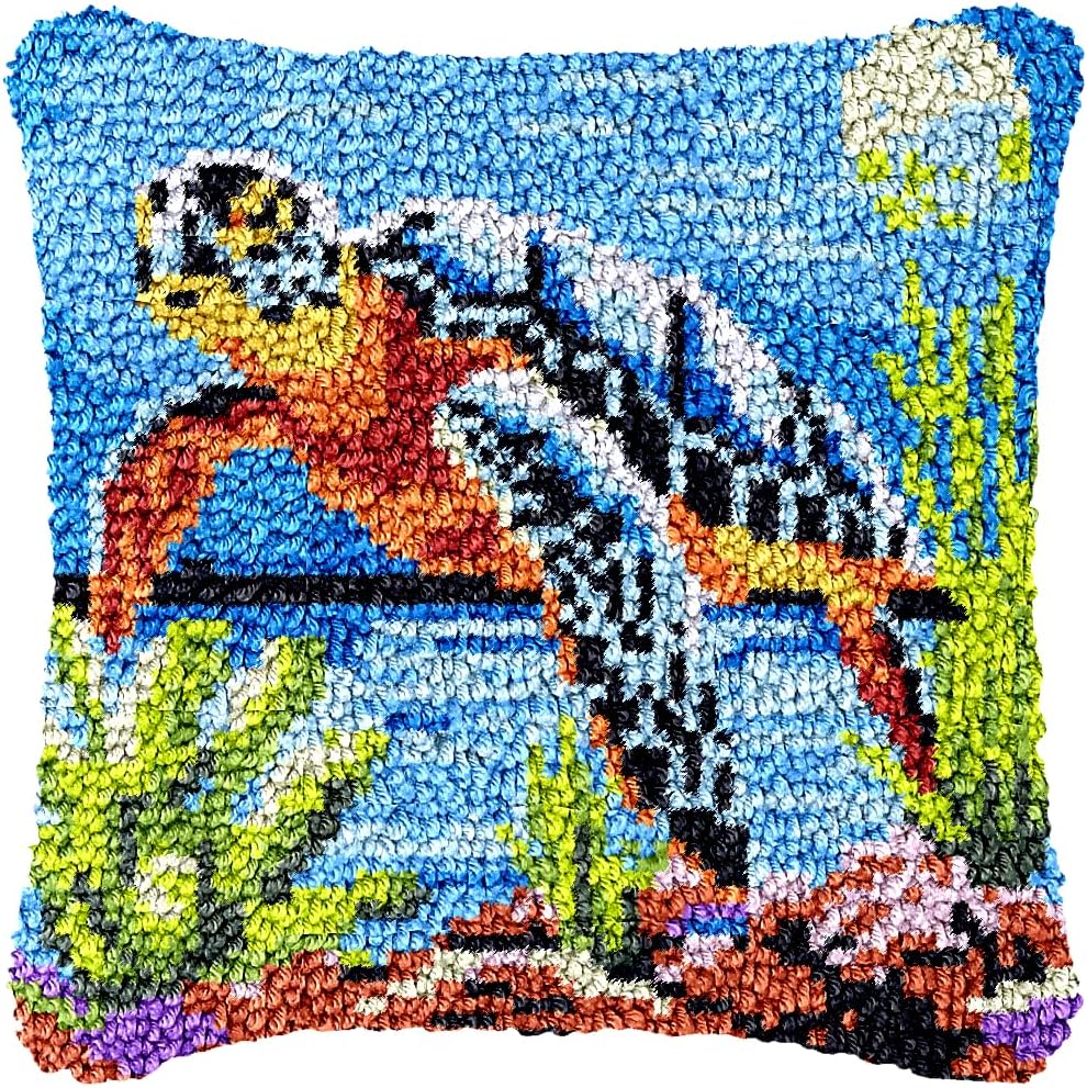 Sea Turtle Latch Hook Pillow Kit for Adults Throw Pillow Cover with Printed Canvas Hook Crochet Yarn Needle Craft Easy Handmade Cushion for Home Sofa Decoration 43x43cm(2)
