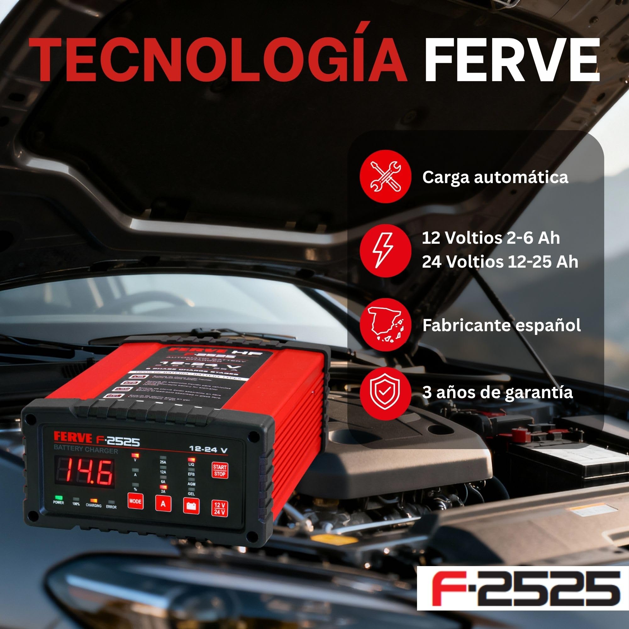 Ferve F-2525 Cargador de Baterías Automático - Mantenedor Inteligente 2-25A 12V/24V – Función Test y Alternador – Tecnología RF – Pantalla LED con Voltímetro y Amperímetro – para Baterías Plomo-Ácido