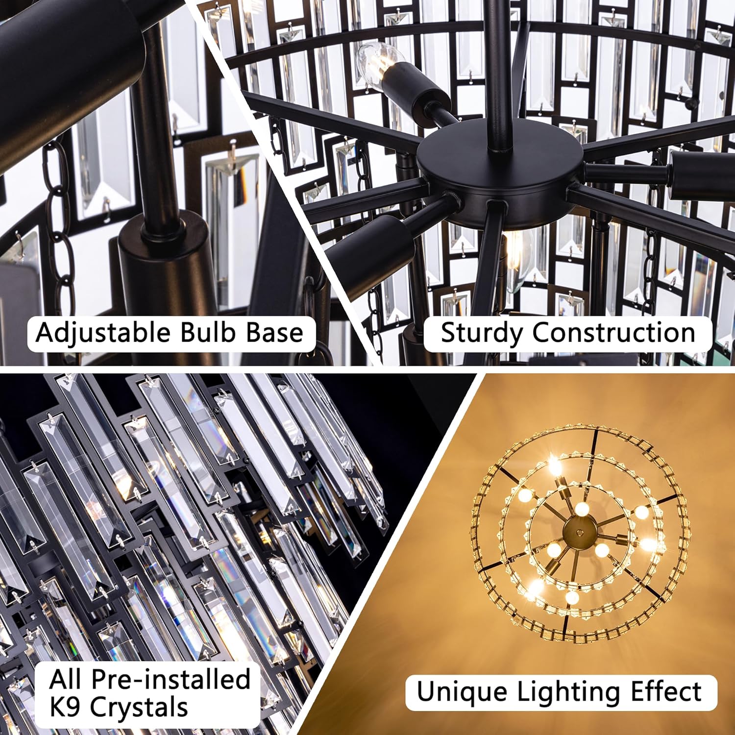 TOCHIC Chandelier, Modern Black Crystal Chandelier Light Fixture, 9 Light 3 Tiers Luxury Round Chandeliers High Ceiling for Living Room, Bedroom, Dining Room, Kitchen Island, Entryway, 24 inch