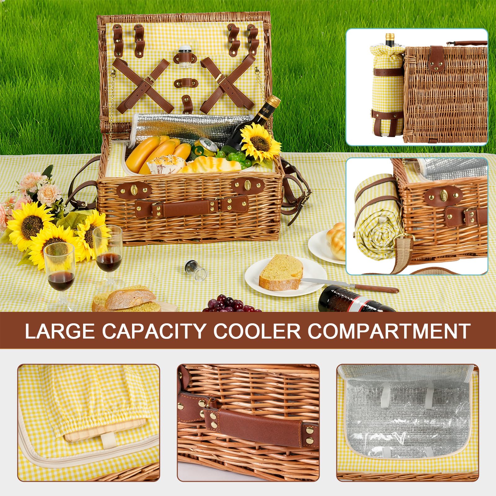 Panier de pique-nique en osier pour 4 personnes avec compartiment isotherme et couverture de pique-nique imperméable, sangle amovible, sac à vin, ensemble de couverts, pour camping, voyage