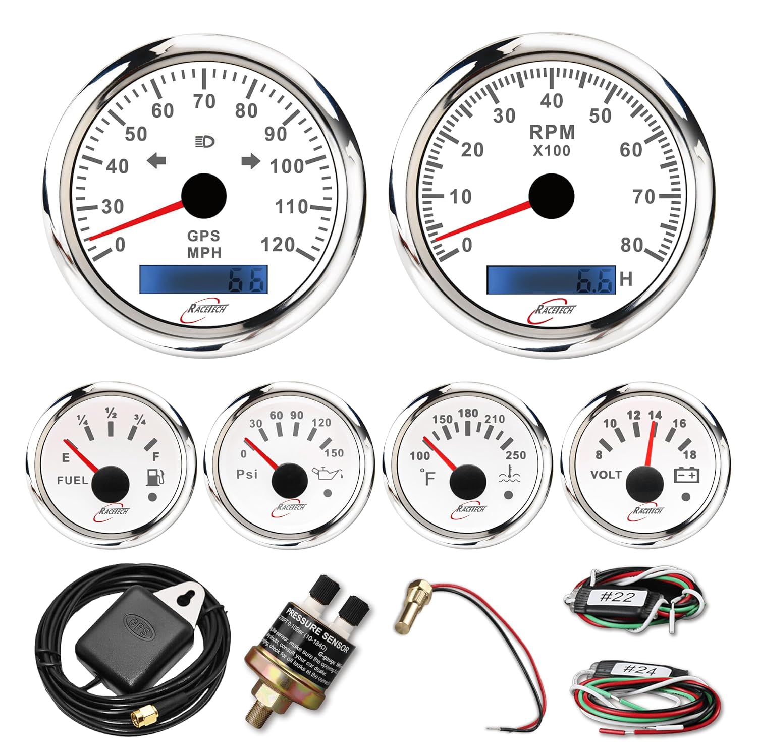 6 Gauge Instrument Set – 85mm (3-3/8") GPS Speedometer 120 MPH Indicators & Tachometer 8000 RPM – 90° 52mm (2-1/16") Fuel Oil Water Temp Volt Gauges – White Dial 7-Color 12V/24V