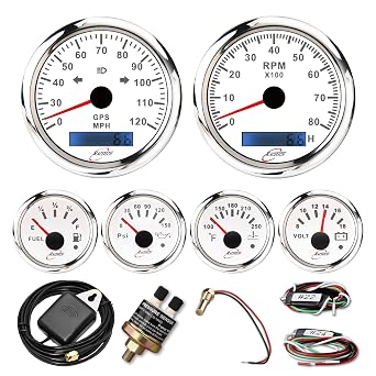 RACETECH 6 Gauge Instrument Set 120 MPH 8000 RPM Indicators - White Dial