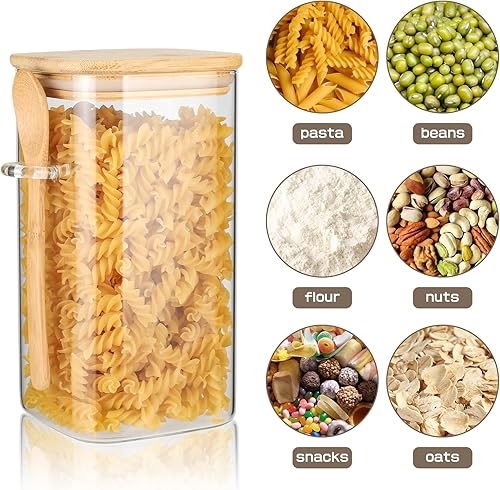 Miniatura 3 de Juego de 3 recipientes de almacenamiento de vidrio con tapas de bambú y cuchara, tarros de vidrio hermético transparente para almacenamiento de