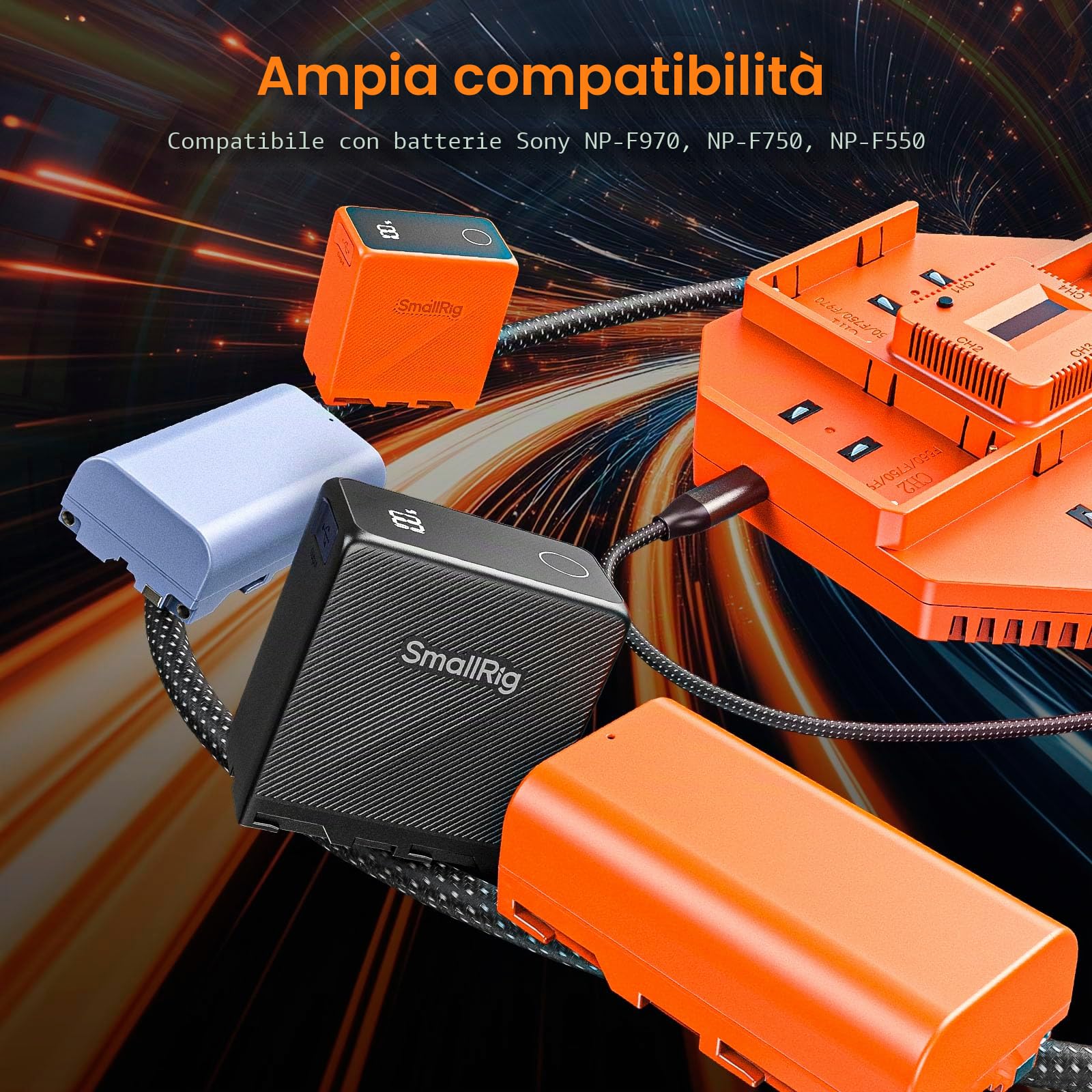 SMALLRIG Batterie per Fotocamera, con Ricarica Rapida PD 100W, Display OLED, Caricabatterie a 4 Canali per Sony NP-F970, NP-F550, NP-F570, NP-F750, per Fotocamera, Videocamera, Monitor - 4834