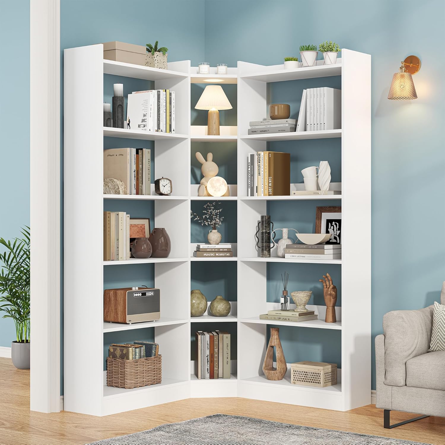 Semoic 6 Tiers Corner Bookshelf and Bookcase with Baffle, 63.1" Tall Modern L-Shaped Storage Display Book Shelf Industrial Bookshelves for Bedroom, Living Room, Kitchen, Home Office, White