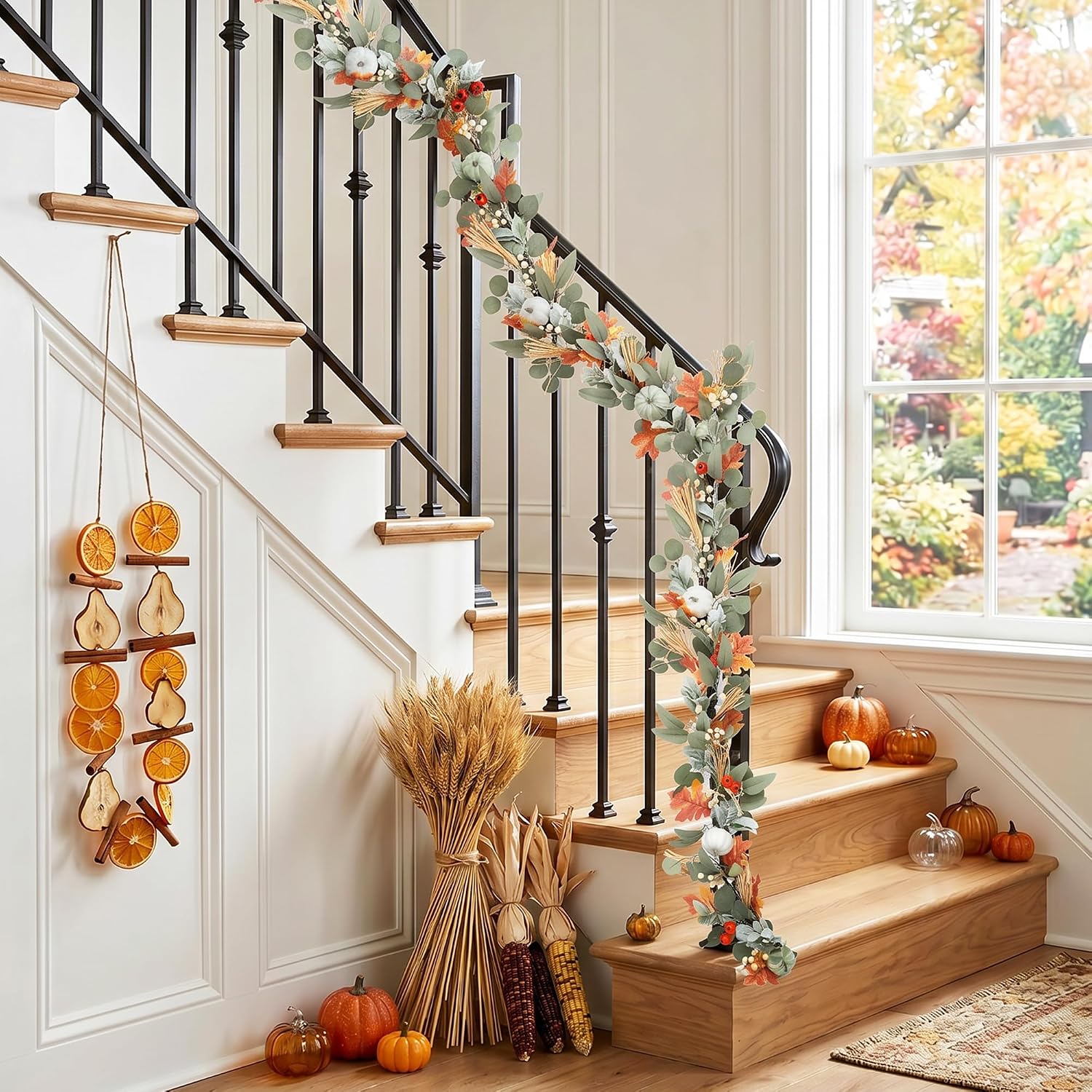 6FT Fall Garland with LED Lights & Timer for Mantel Fireplace