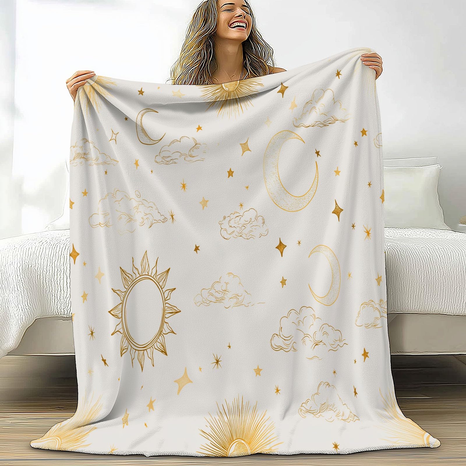 Plaid couverture polaire flanelle bohême crème 180x220 cm pour lit 2 personnes