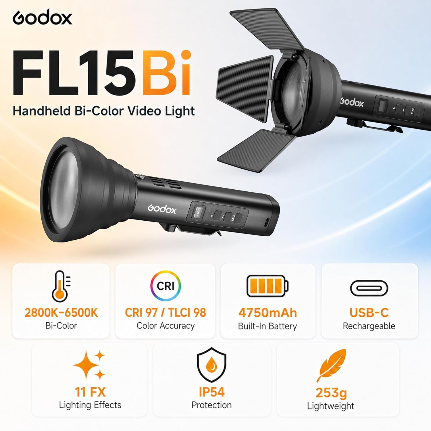 Godox FL15Bi портативная двухцветная светодиодная видеолампа 2800K 6500K 25 600 люкс на расстоянии 0 5 м CRI 97 TLCI 98 аккумулятор 4750 мА ч с разъемом USB-C 11 режимов освещения управление через приложение степень защиты IP54 для