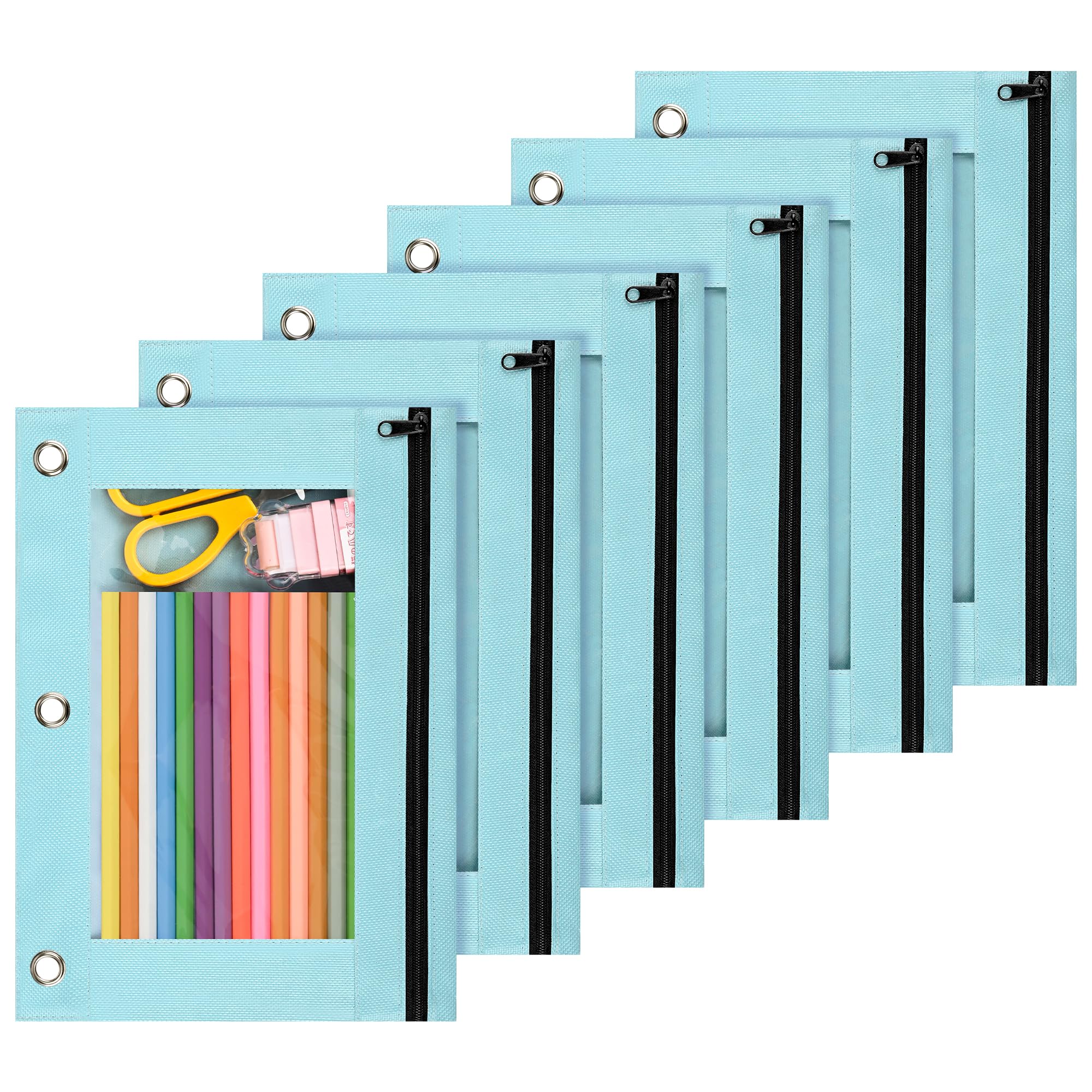 Lanpn Pencil Pouch for 3 Ring Binder 6 Pack, Pastel Binder Pen Bags with Zipper, 3 Holes Pencil Holder Stationary Organizer for Boy Girl Kids School Student, Reinforced Grommets &amp; Clear Window, Blue