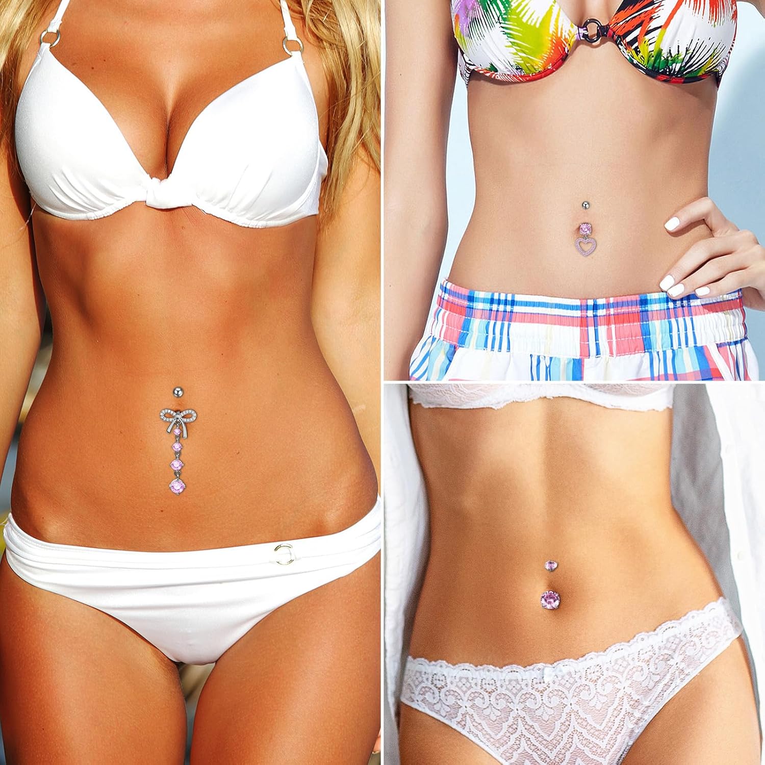 OIDEA Belly Button Rings for Women: 5PCS 14G Cute Pink CZ Rhinestone Heart Shape Surgical Steel Hanging Dangle Curved Navel Rings Belly Button Body Piercing Jewelry Set - Image 2