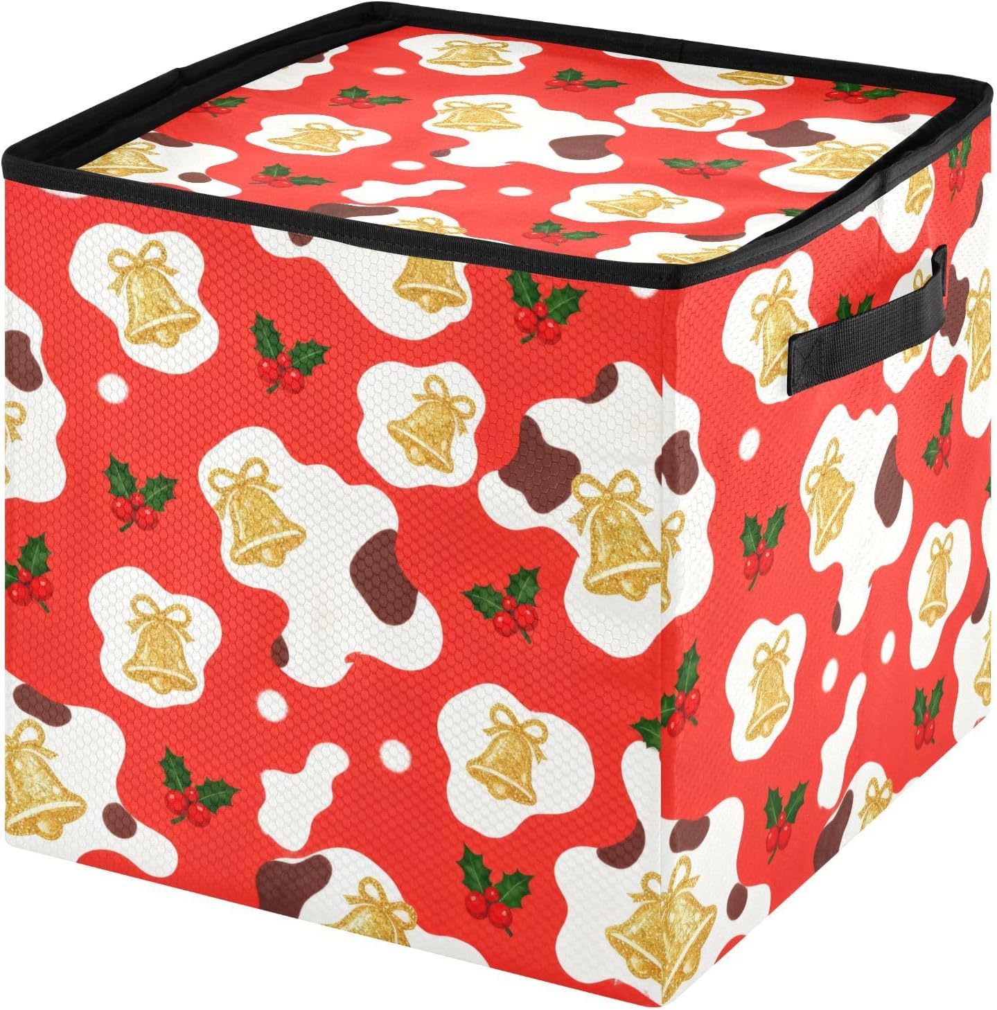 High Capacity Christmas Ornament Storage Box Holds Up to 64, Zippered Top sturdy Holiday Storage Case with Lid,Christmas Bells Red Cow Fur Print