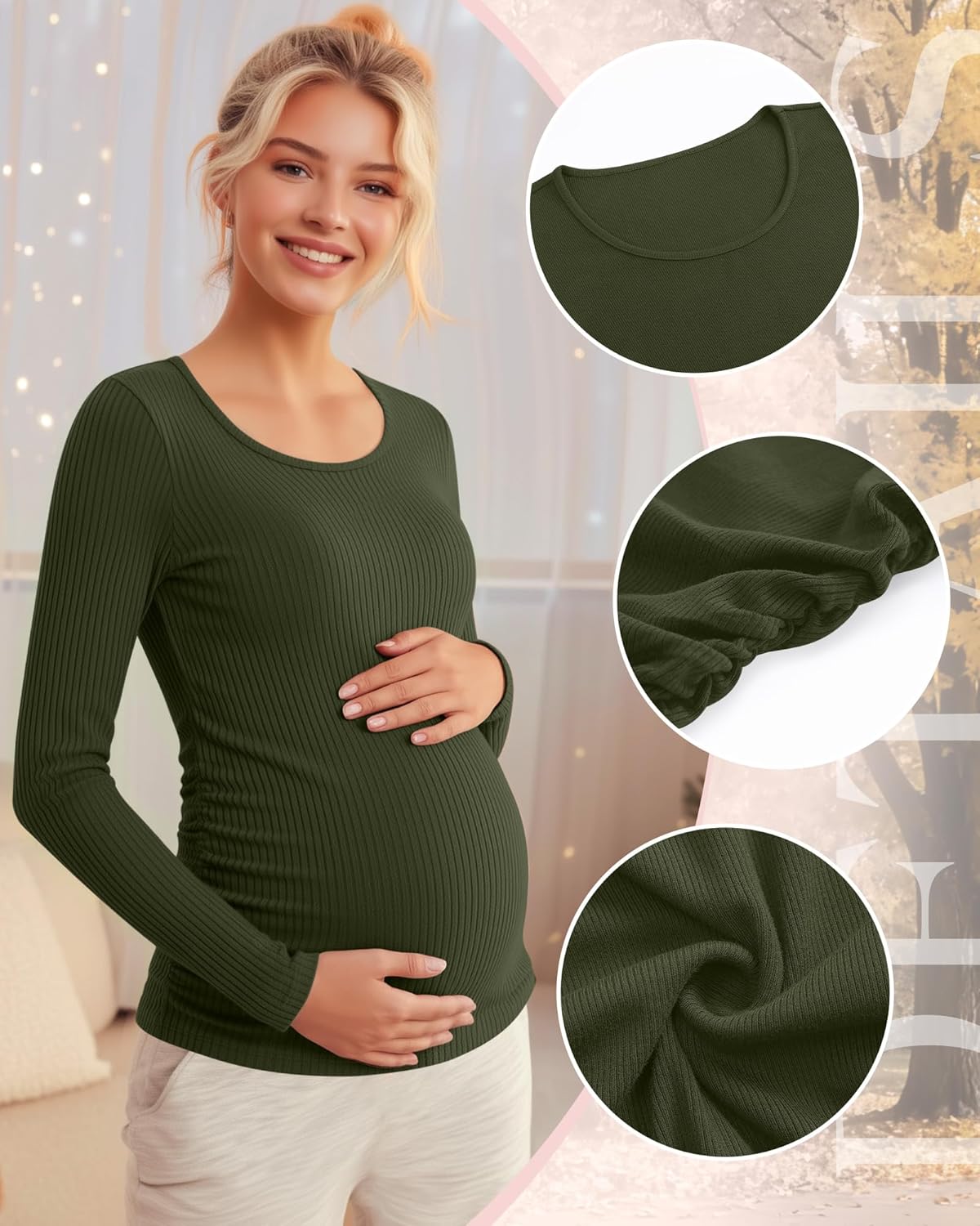 Riyiper 4 Pack Women's Maternity Shirts, Long Sleeve Cotton Ribbed Pregnancy Tee Top Crewneck Side Ruched Casual Mama Clothes - Image 5