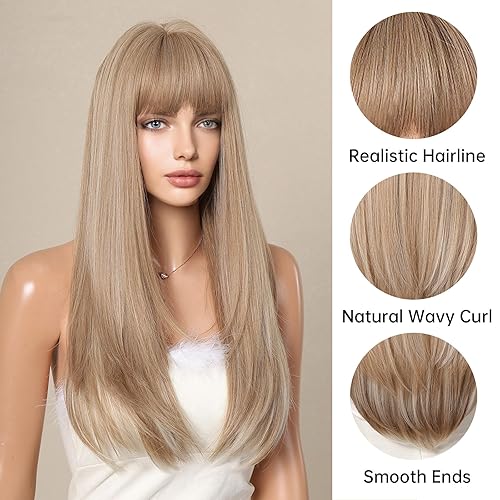 Miniatura 3 de Allbell Pelucas largas de color rubio sucio en capas para mujer, peluca sintética recta con flequillo, rubio mixto, resistente al calor, pelucas de