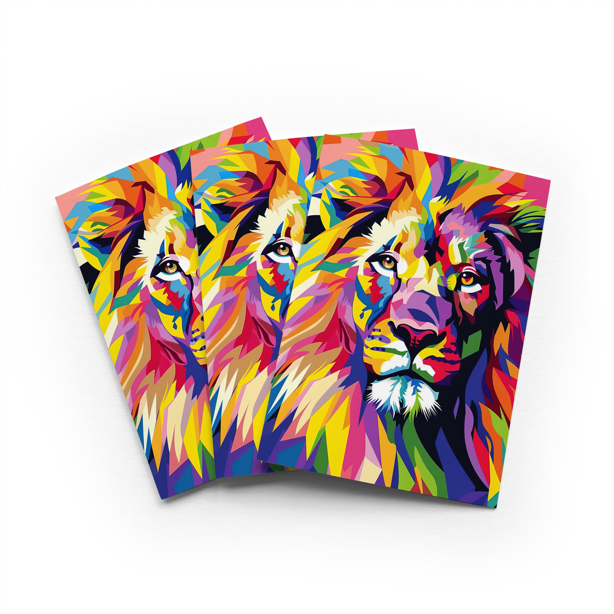 Colourful Lion Head Greeting Card Geometric Artwork Any Occasion Set of 3 Blank Inside 5x7 Inch 13x18 cm