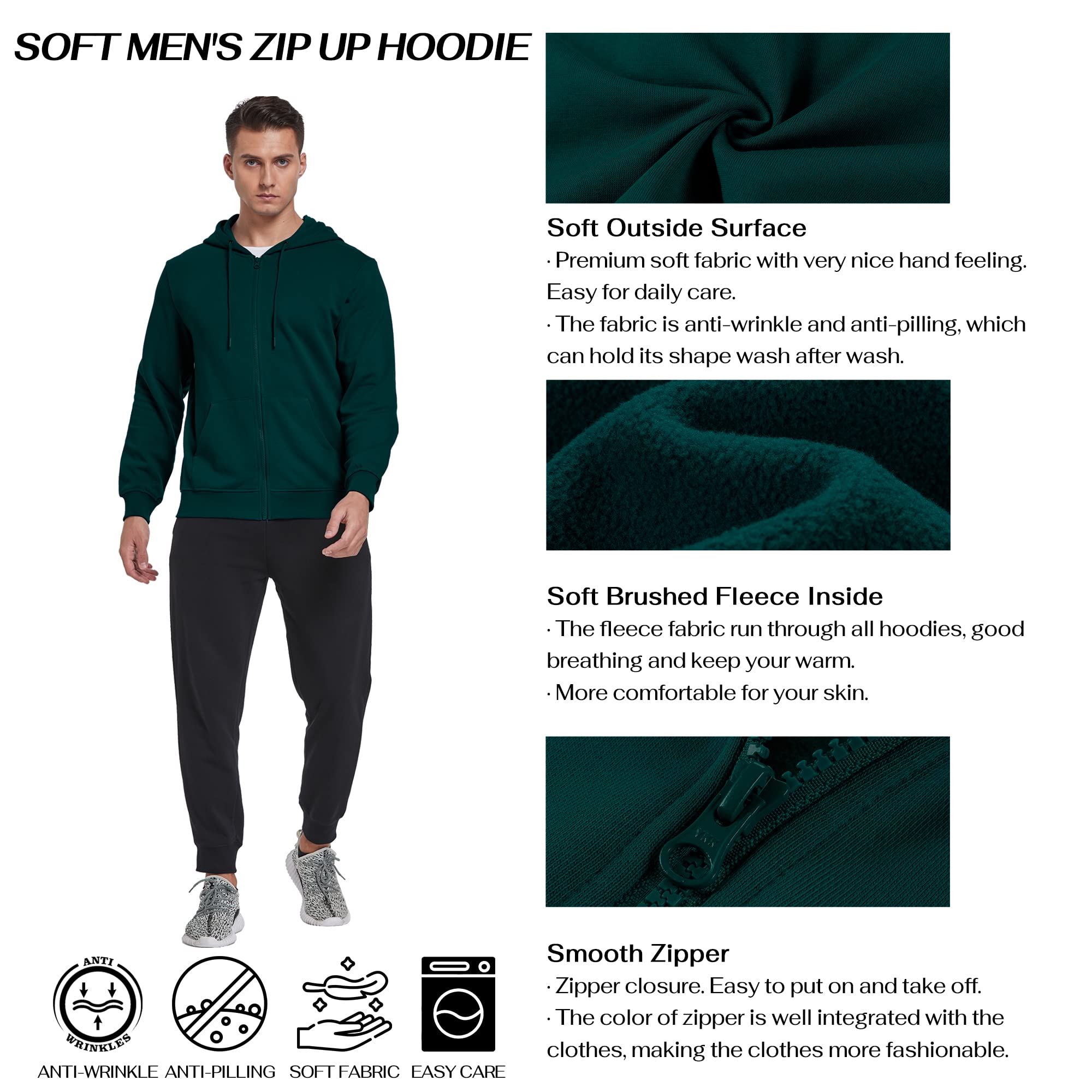 BETTERCHIC Męska bluza z kapturem sportowa miękka szczotkowana bluza polarowa z kapturem sznurek na zamek błyskawiczny bluza z kapturem rozmiar S-3XL, ZIELONY, XL