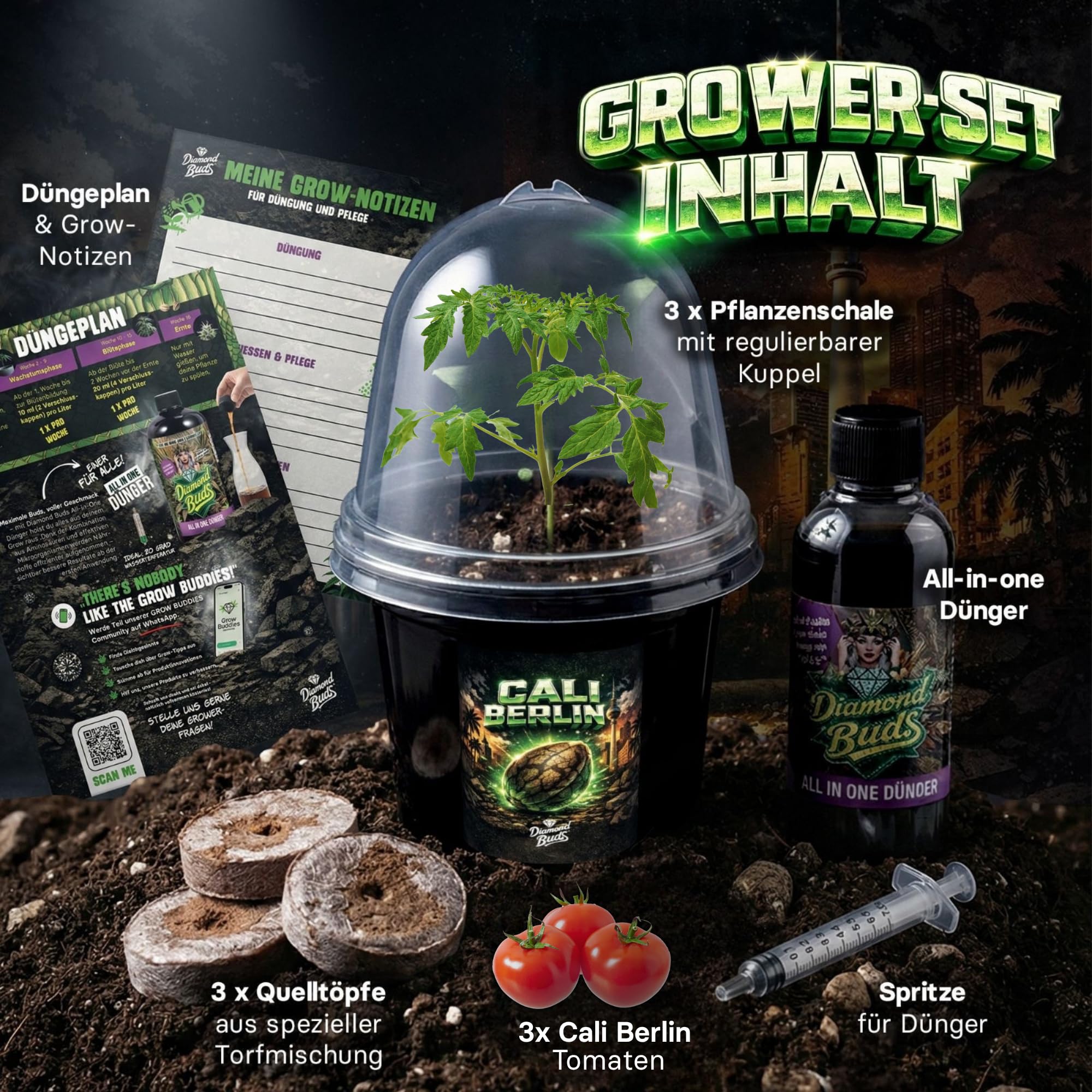 Diamond Buds® Cali Berlin Genetik 3er Set – Exklusiver Anzucht-Starter mit feminisierter Genetik, Quelltöpfen, Pflanzenschalen & Nährstofflösung