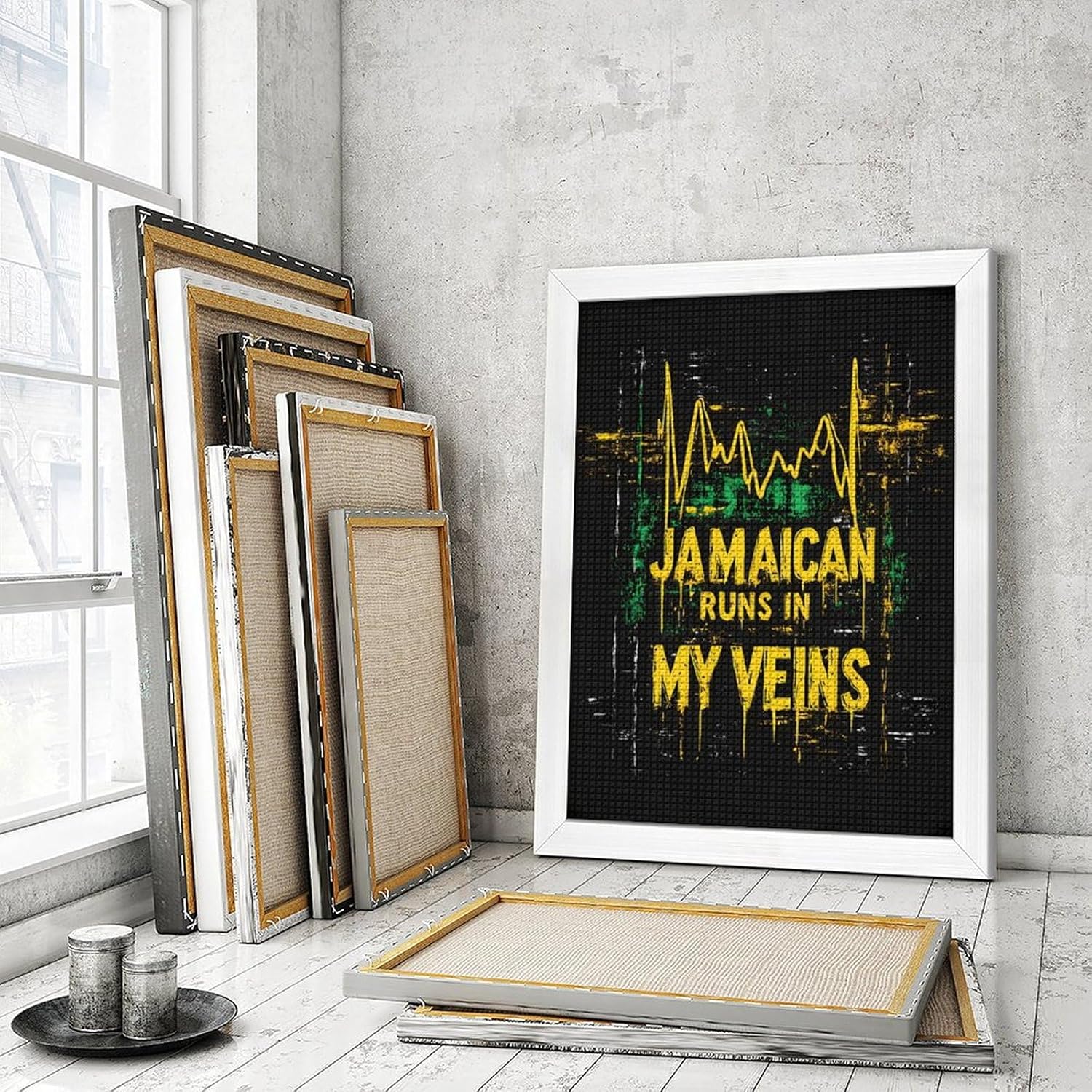 Jamaican Runs in My Veins Diamond 5D Painting Kits with Frame DIY Full Round Drill Gem Art Crafts for Home Wall Decor 16 X 20in White Wood 40 * 50cm